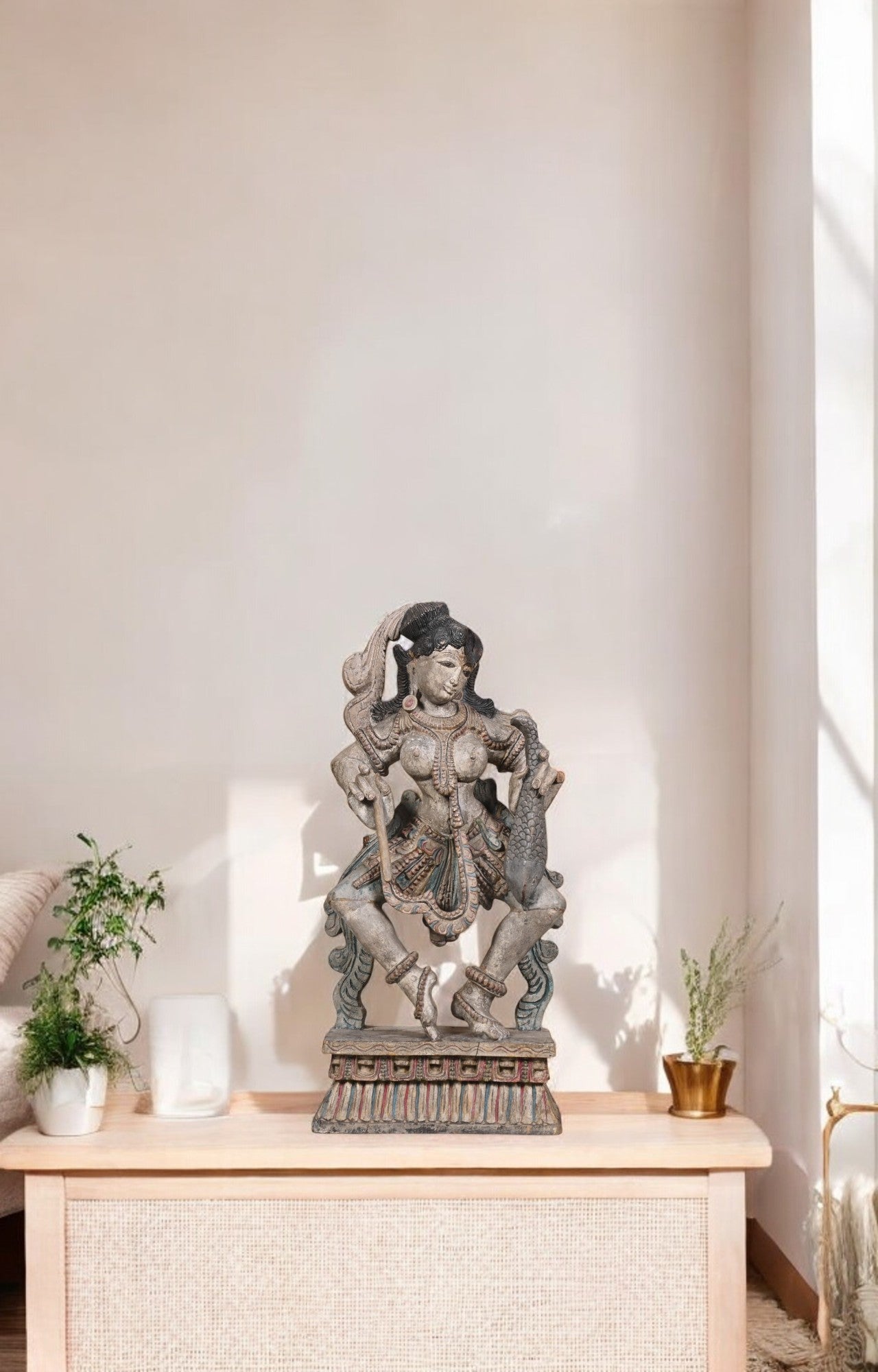 Vintage Hand-Carved Polychrome Teak Wood Hindu Goddess Statue