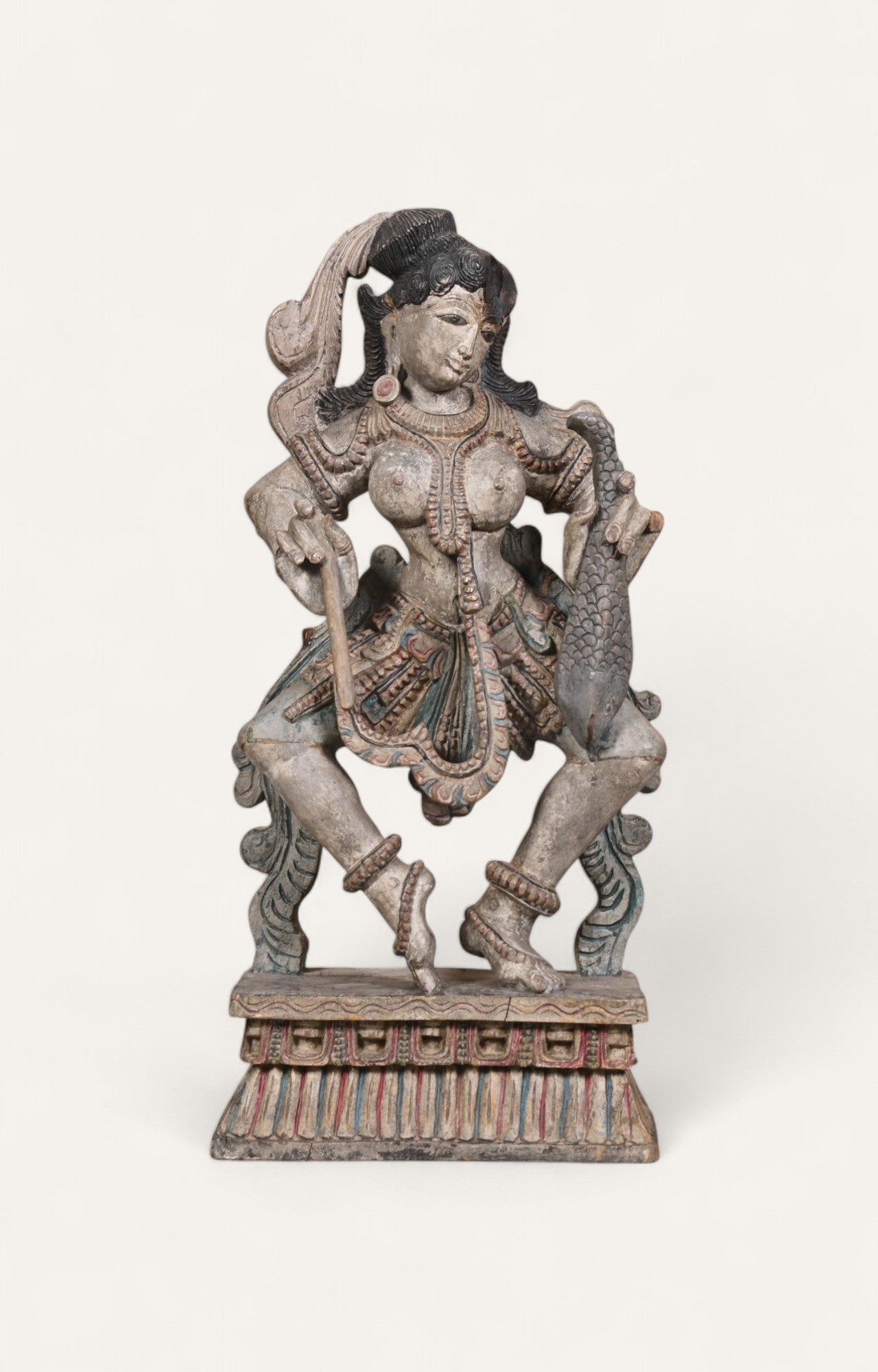 Vintage Hand-Carved Polychrome Teak Wood Hindu Goddess Statue