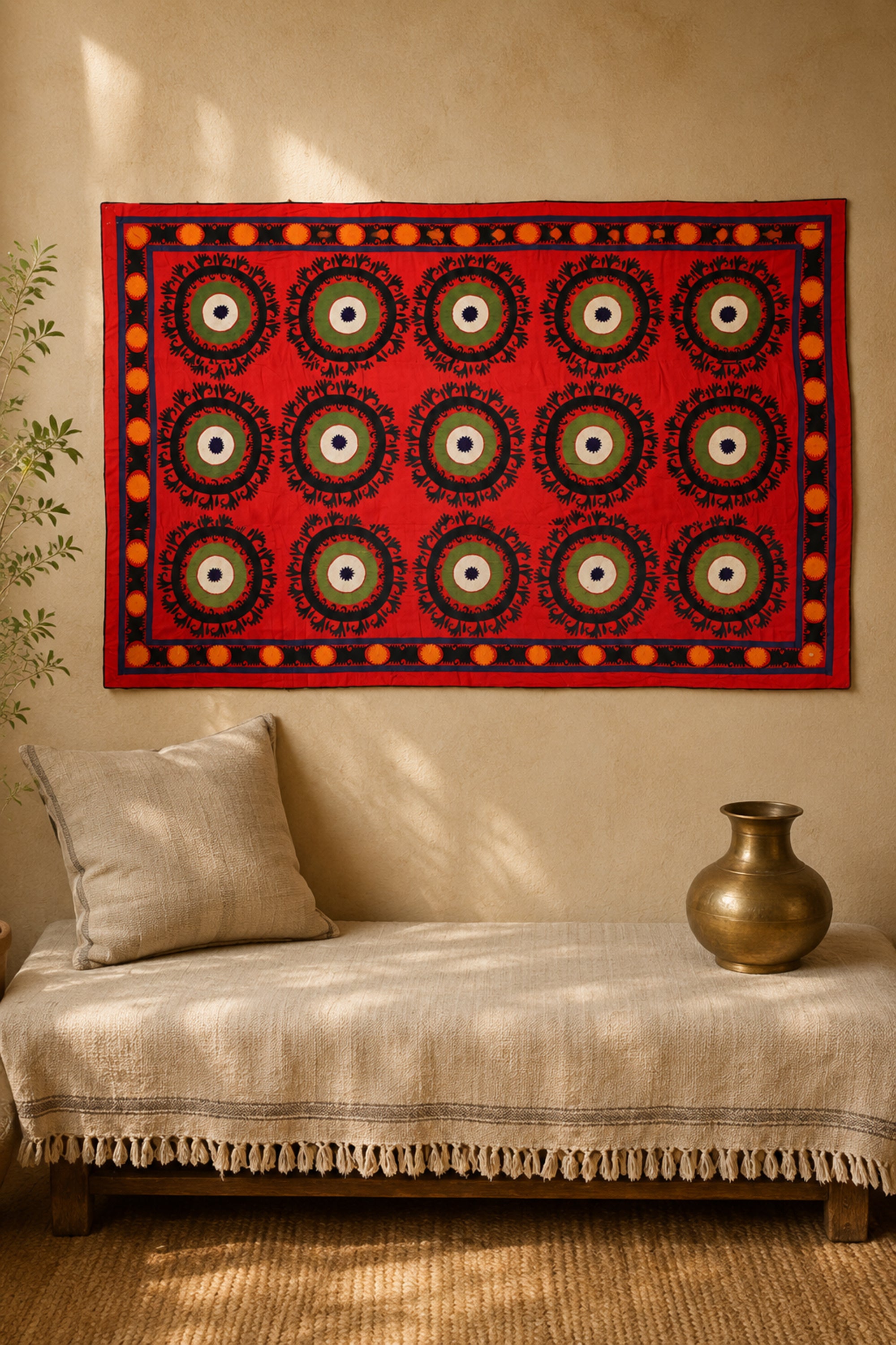 Sunburst Rosette Red & Green Suzani Textile Wall Decor