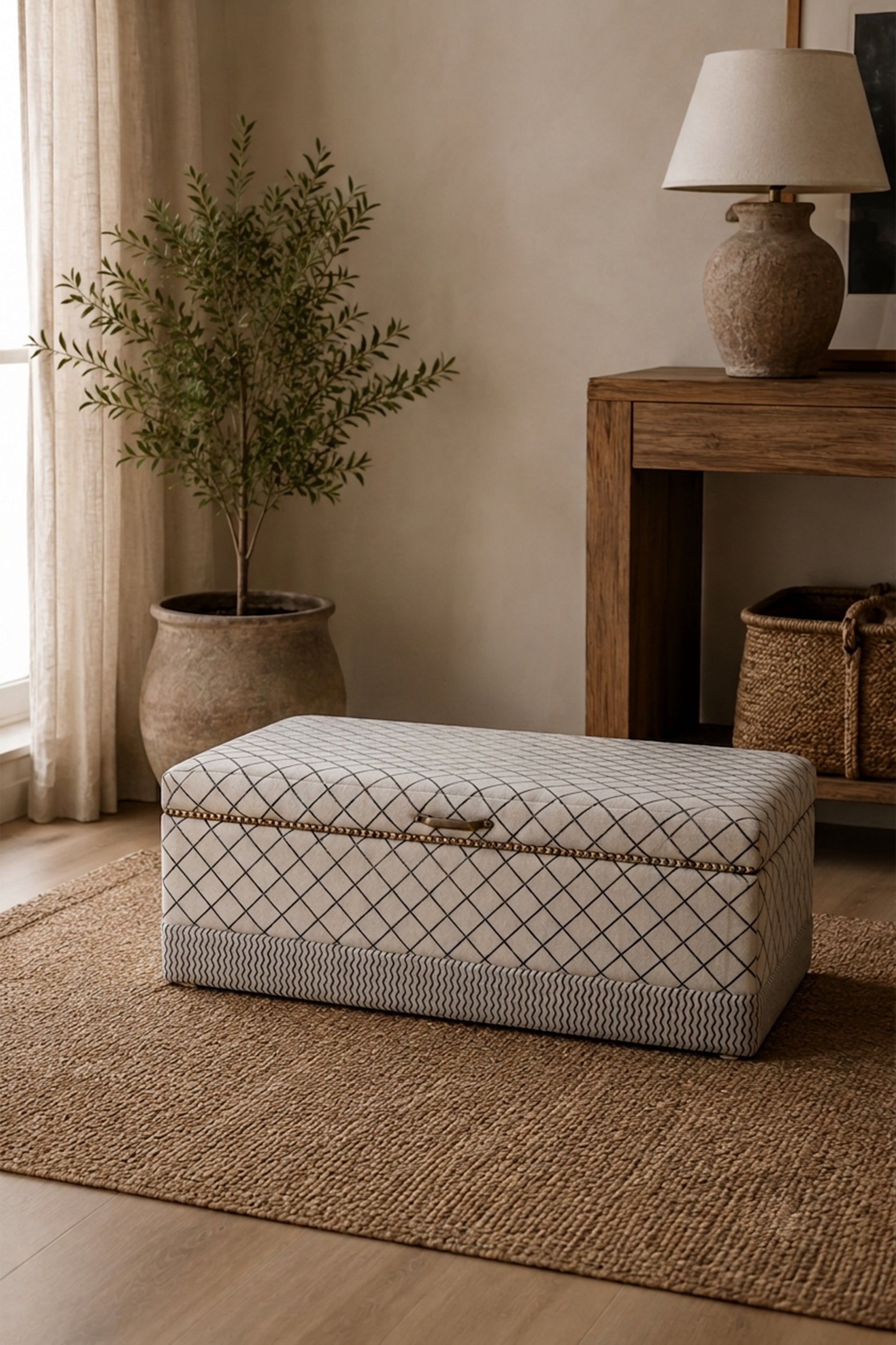Monochrome Diamond Print Dhurrie Trunk in Mango Wood