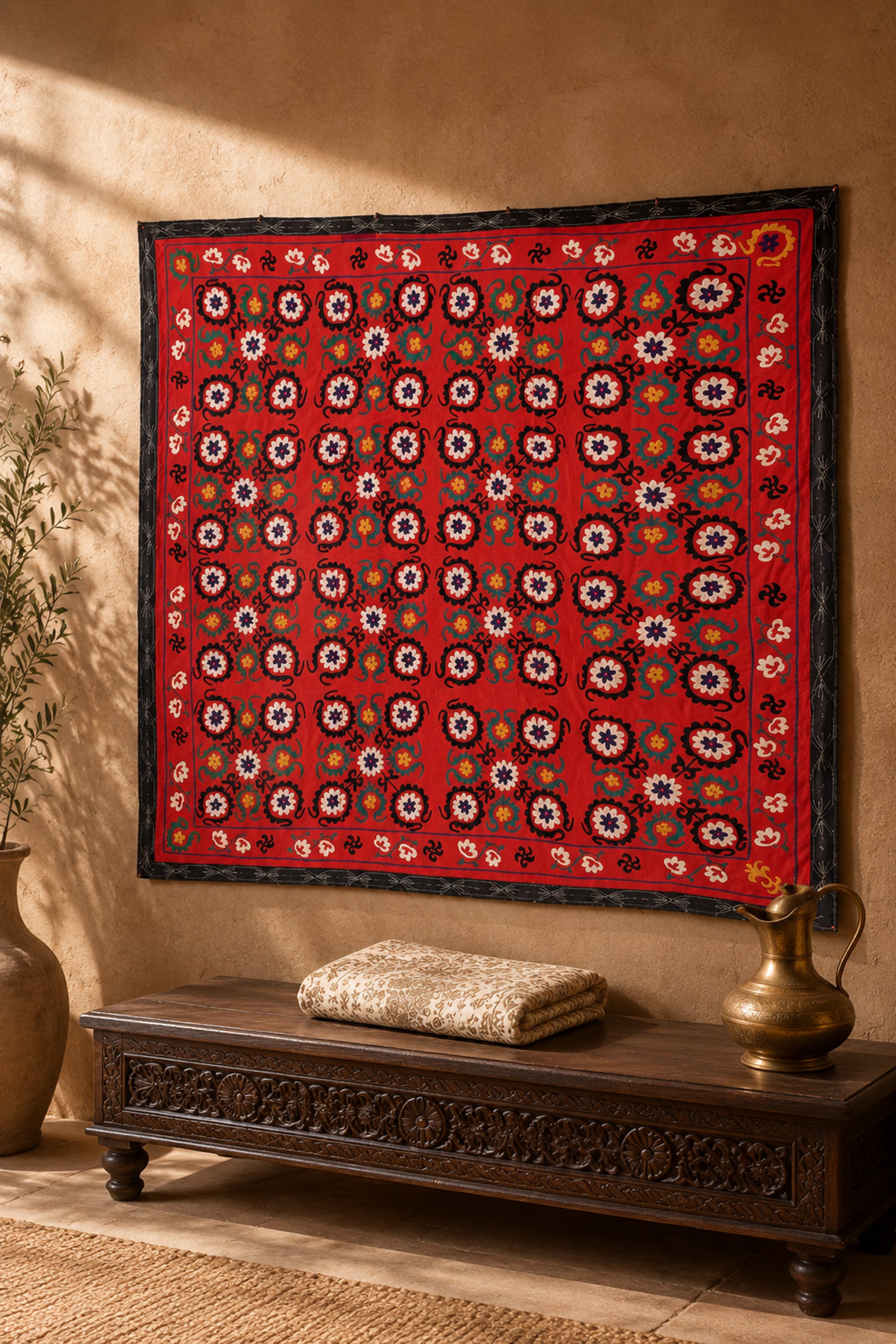 Dense Medallion Red Suzani Antique Wall Hanging