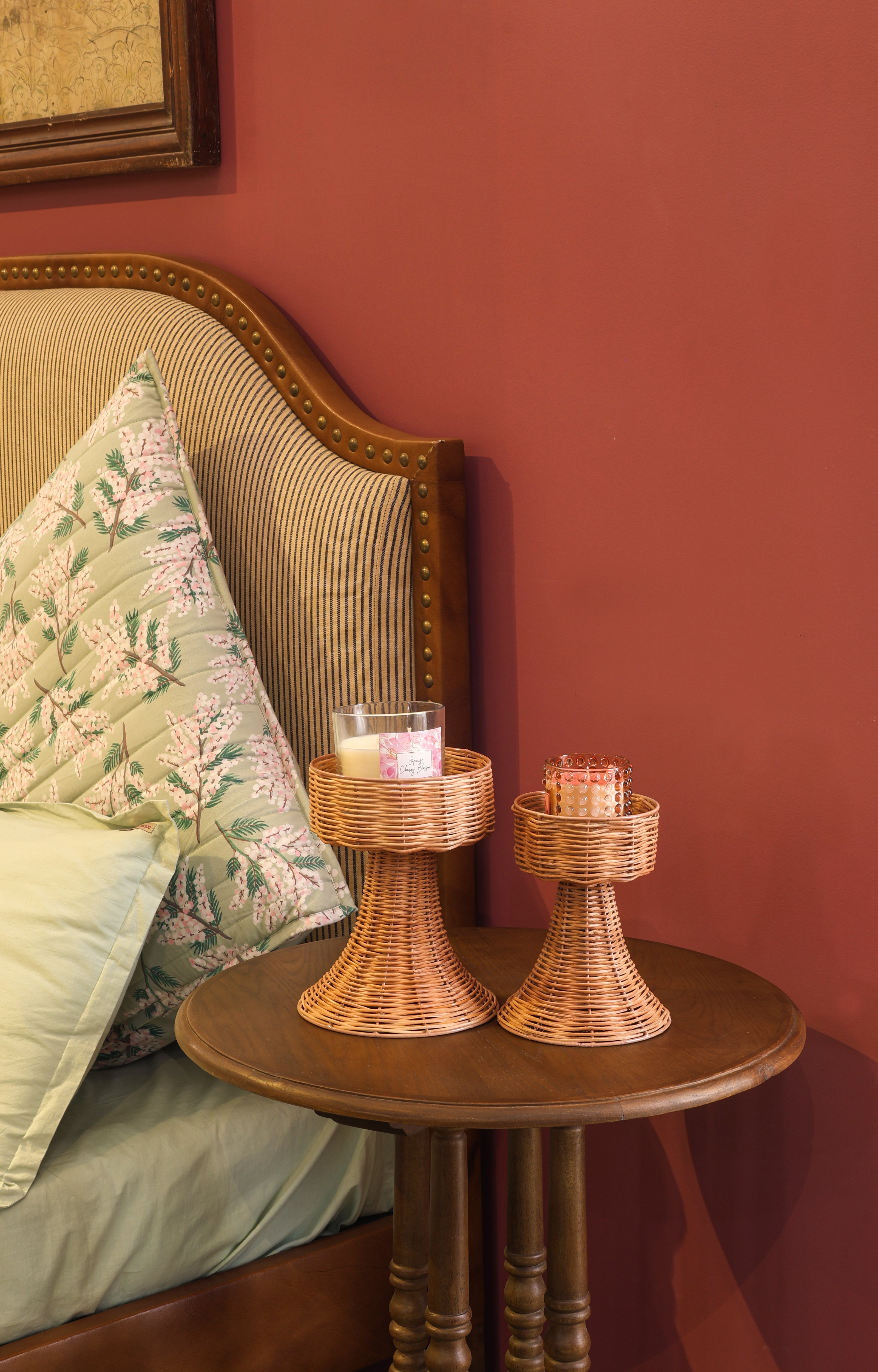 Cane Weave Candle Stand Small