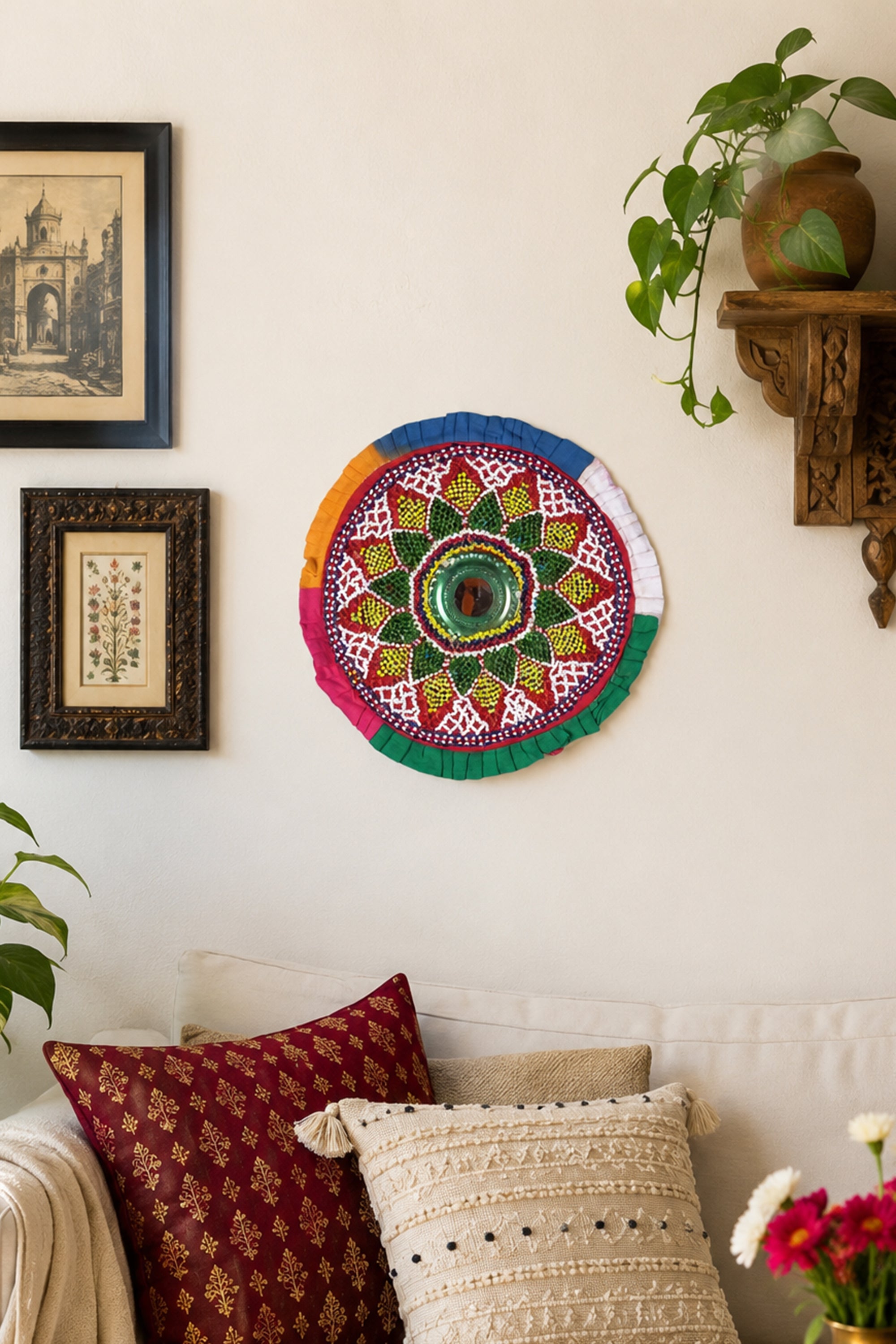 Red Floral Mandala Beaded Wall Hanging