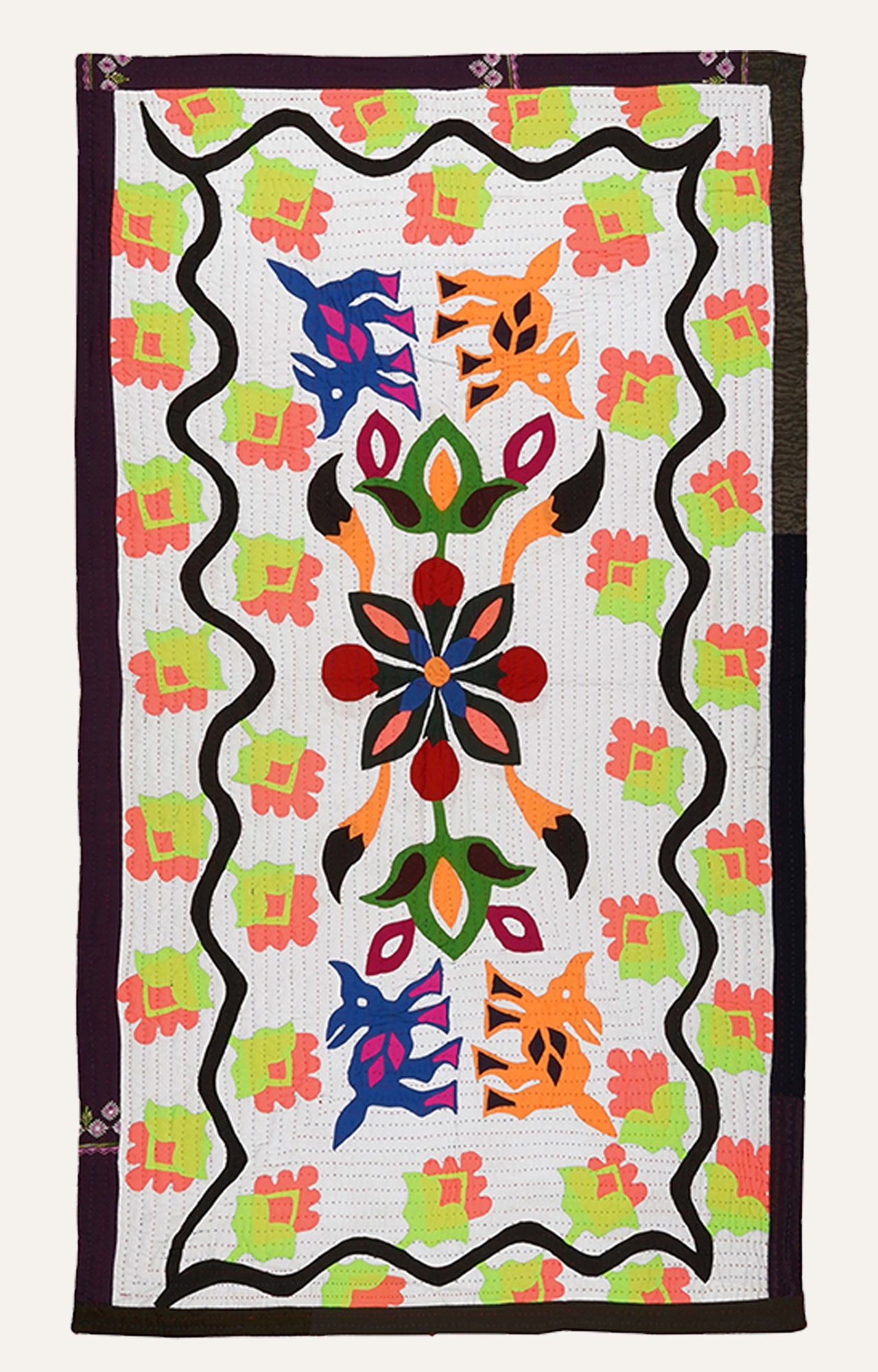 Contemporary Patchwork Applique Flowers Vintage Textile