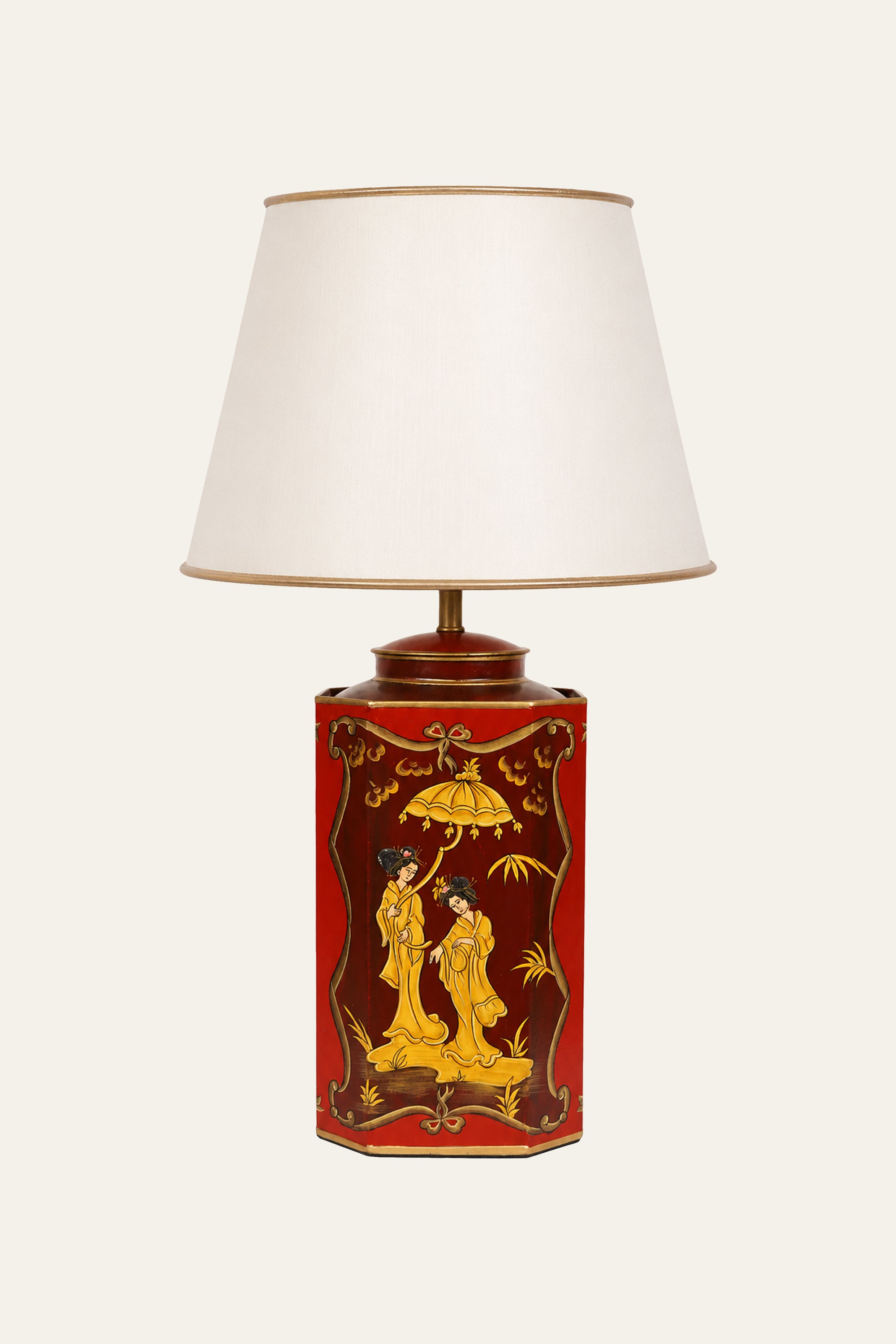 Hand-Painted Red Metal Table Lamp with Chinoiserie Figures
