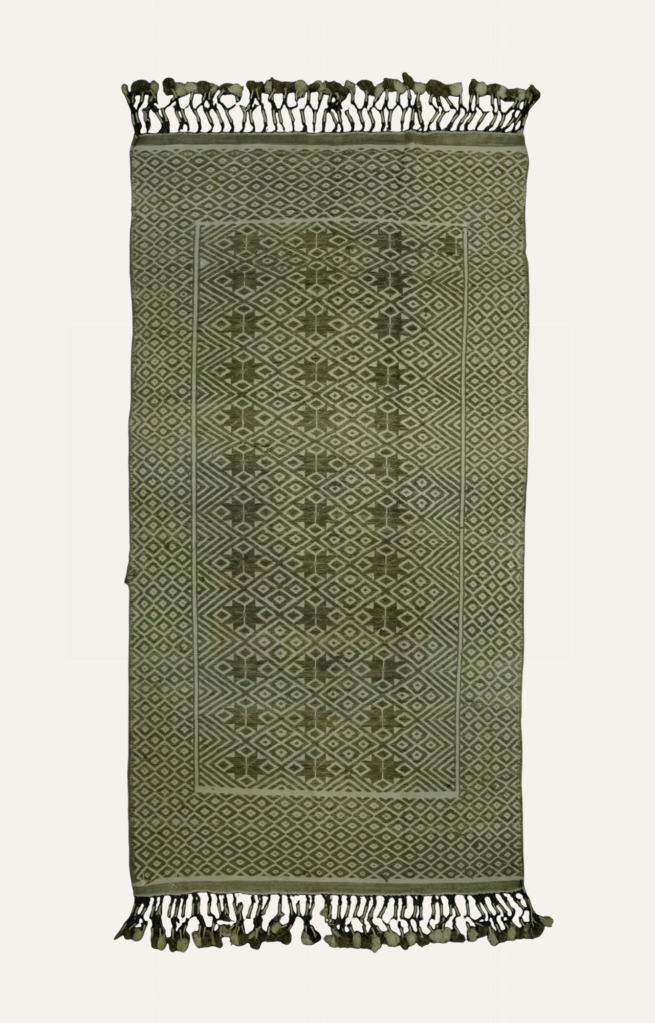 Green Chevron Handwoven Cotton Rug with Tassels