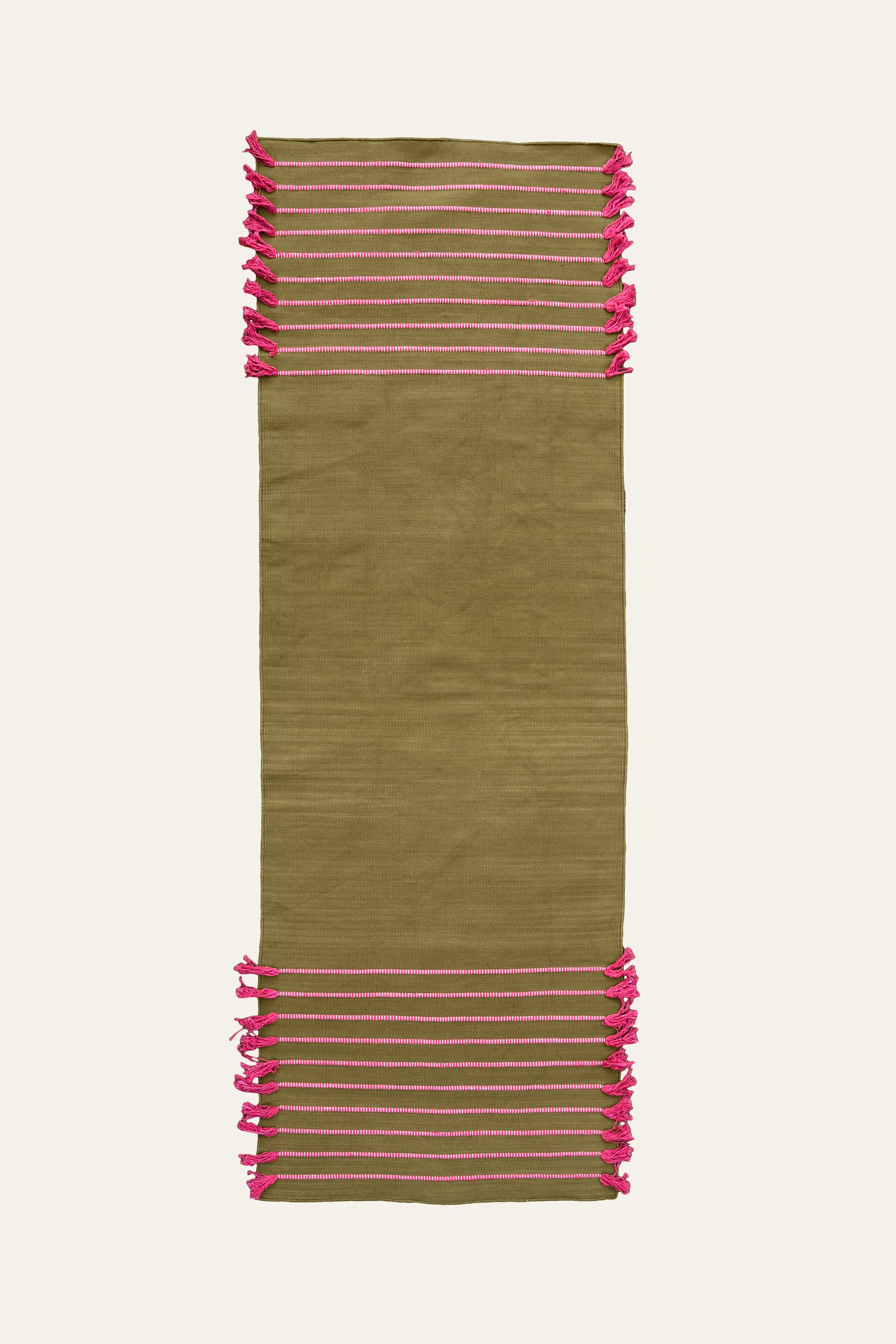 Olive Green Cotton Yoga Mat with Pink Fringe