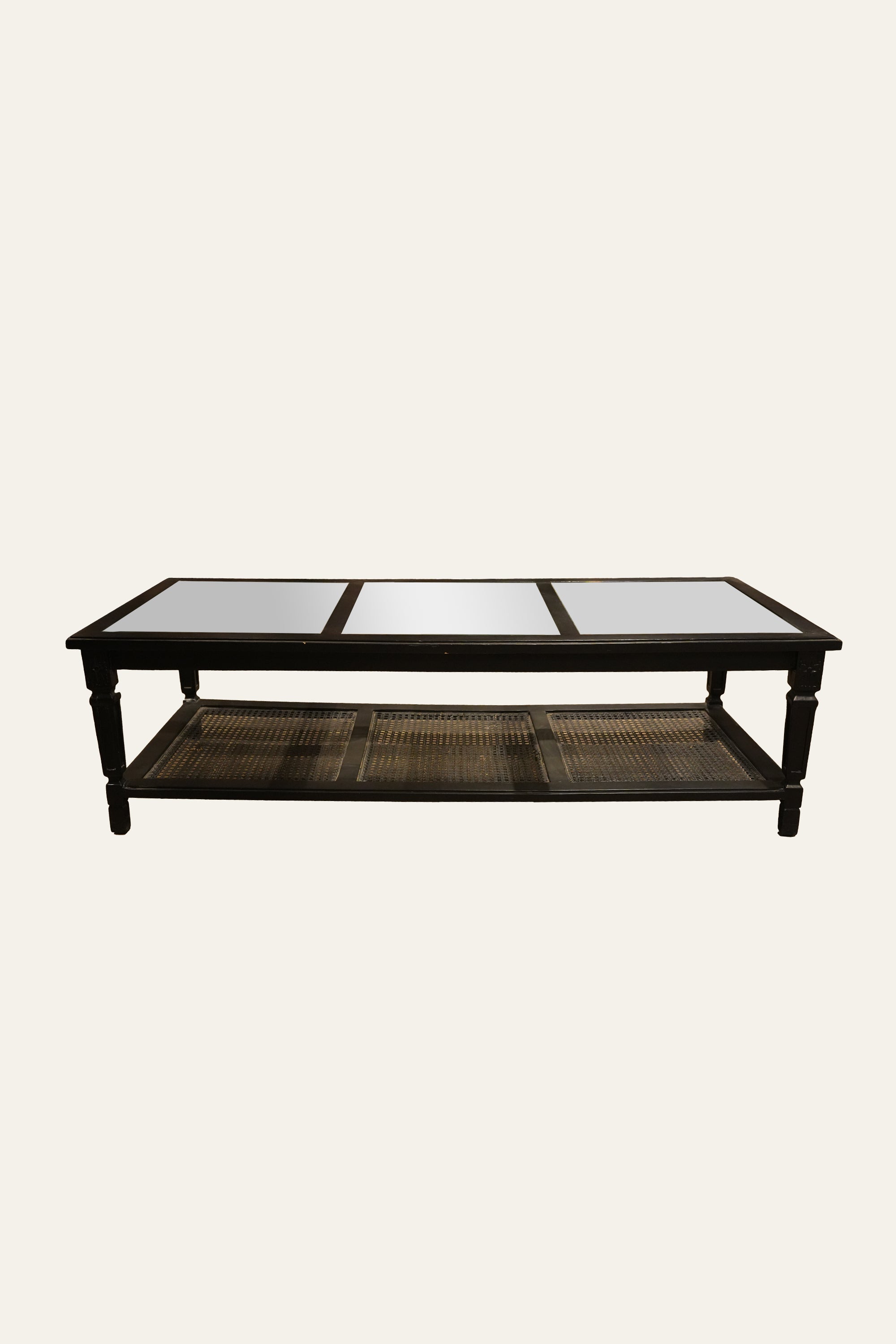 Gustavian Style Black 2-Tiered Glass Coffee Table with Cane Shelf