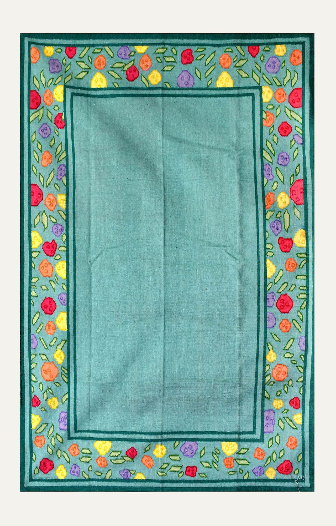 Teal Floral Border Cotton Tablecloth