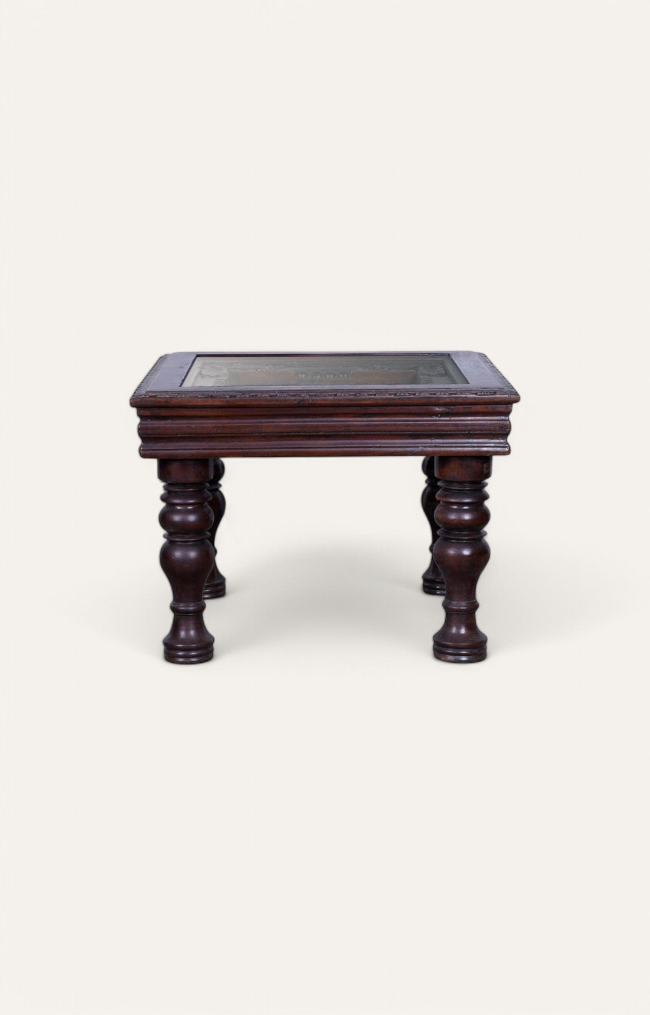Carved Wooden Side Table with Glass Top