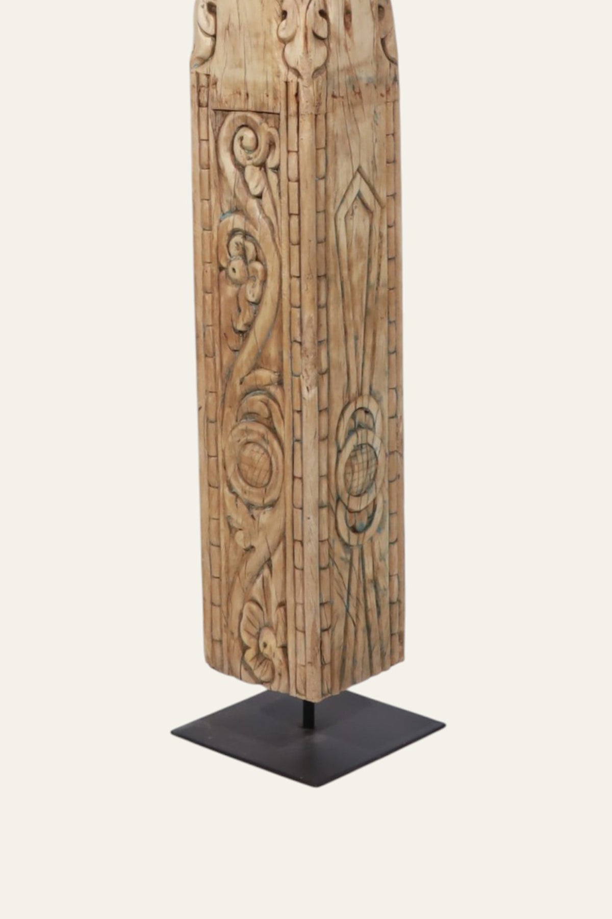 Hand-Carved Wood Pillar on Metal Stand