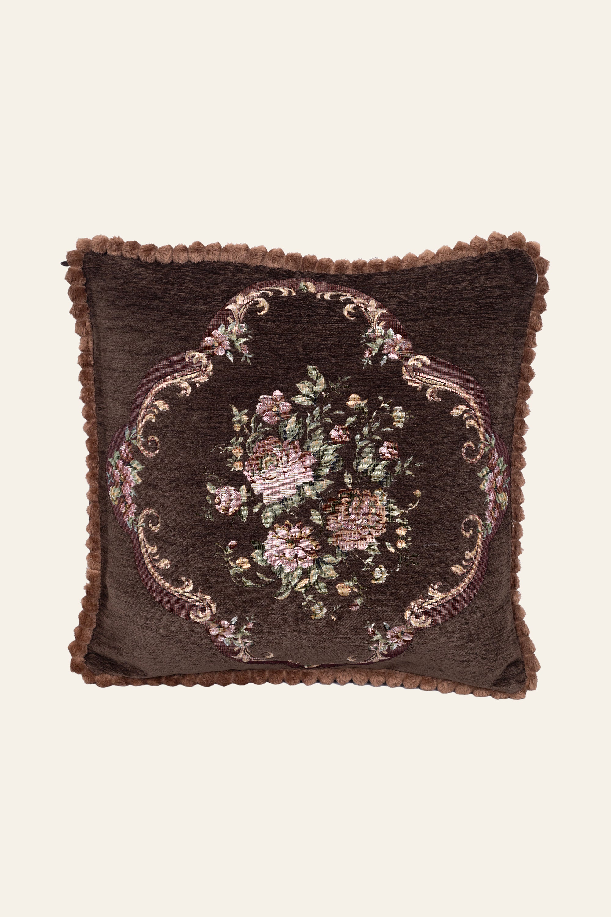 Chocolate Brown Floral Motif Embroidered Cushion