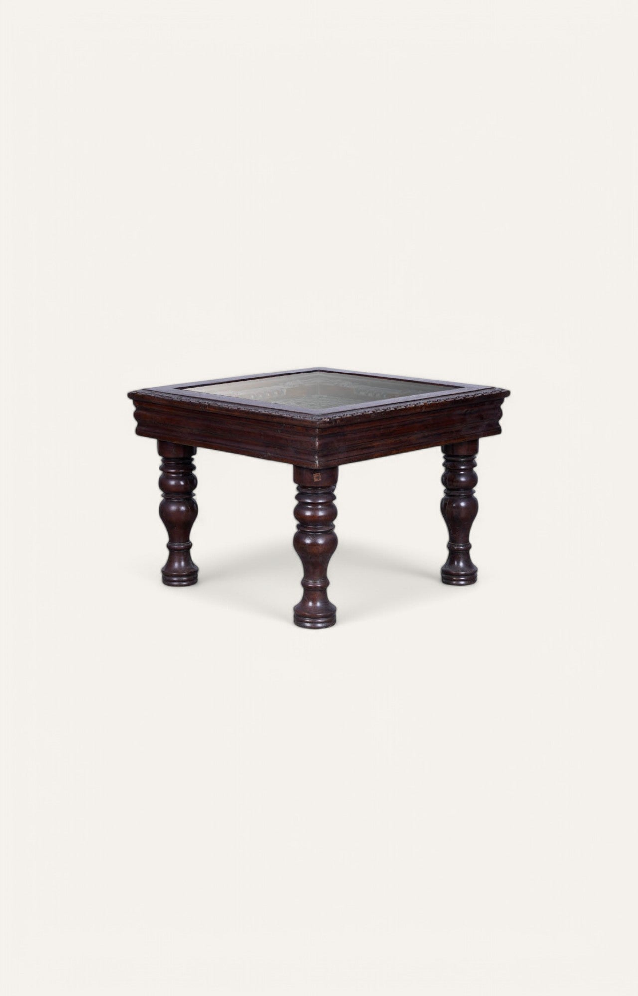 Carved Wooden Side Table with Glass Top