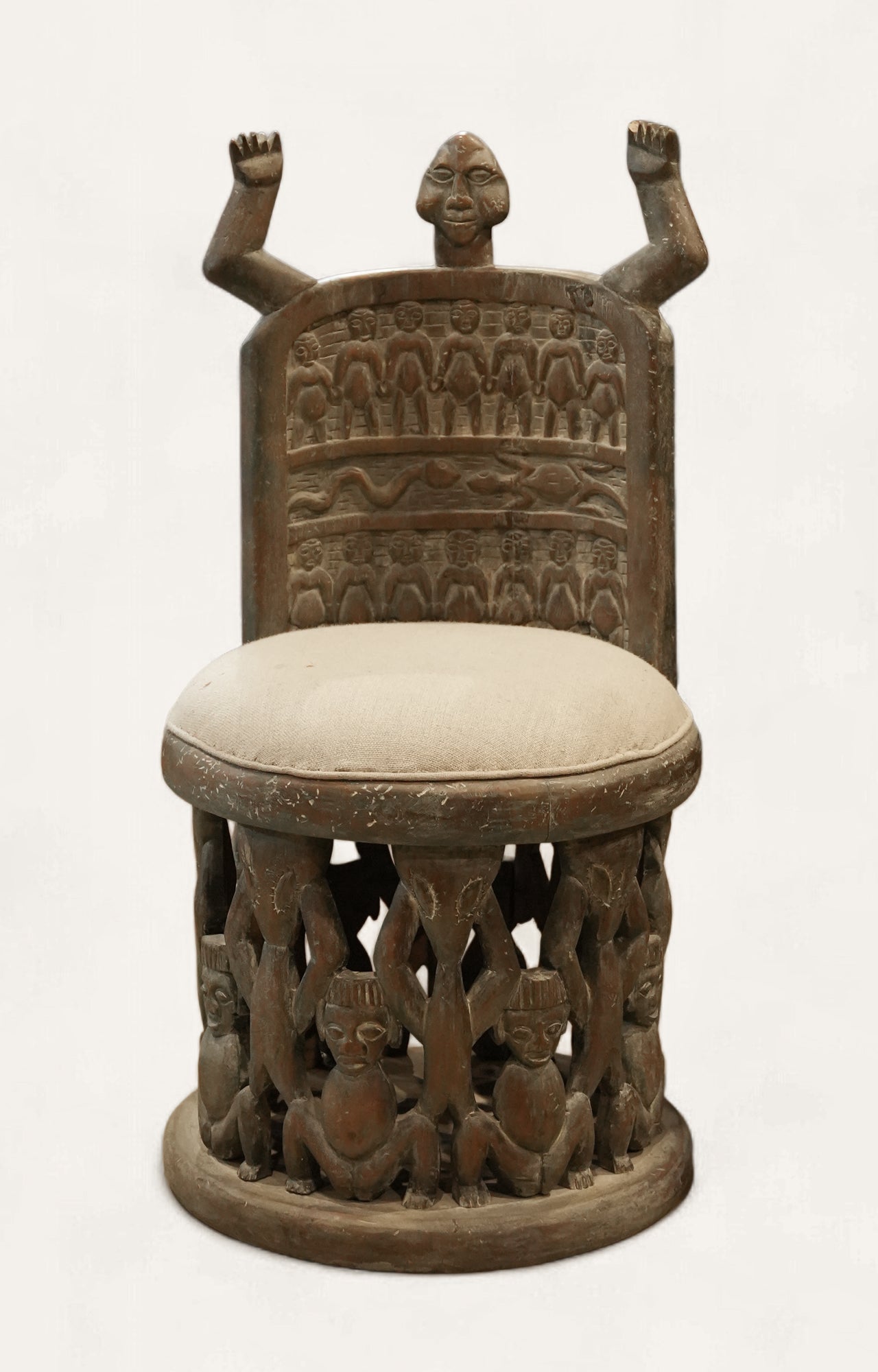 Tribal Carved Sculptural Chair with Round Upholstered Seat