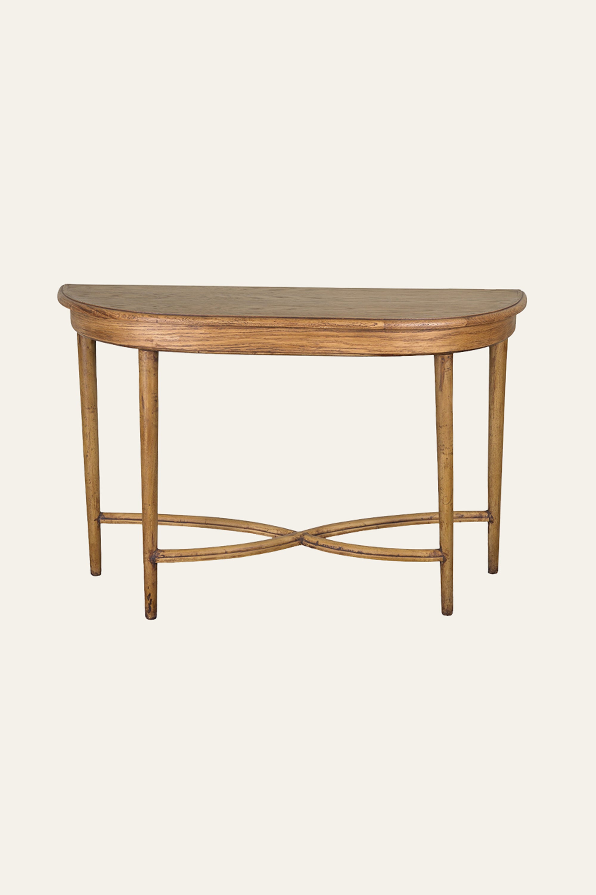 Brown Half-Round Wooden Console Table with X-cross Stretcher Base