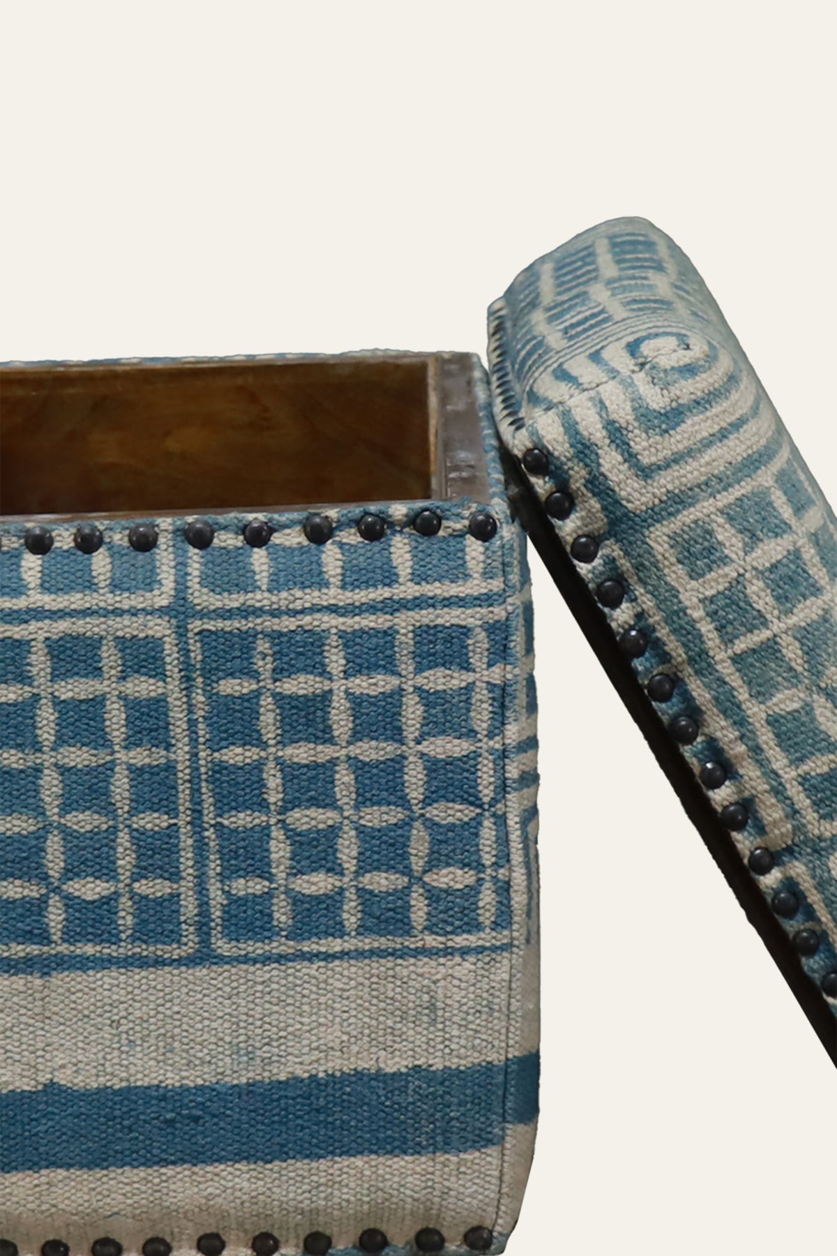 Handwoven Dhurrie Blue Geometric Square Pouf with Storage