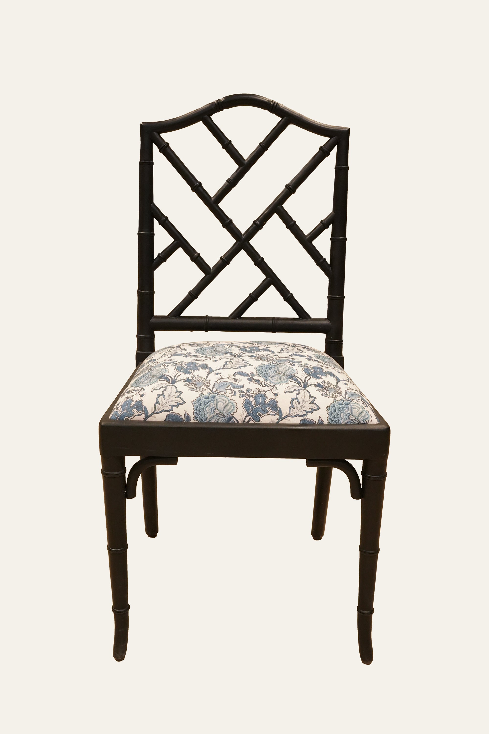 Black Bamboo Lattice Dining Chair with Floral Seat