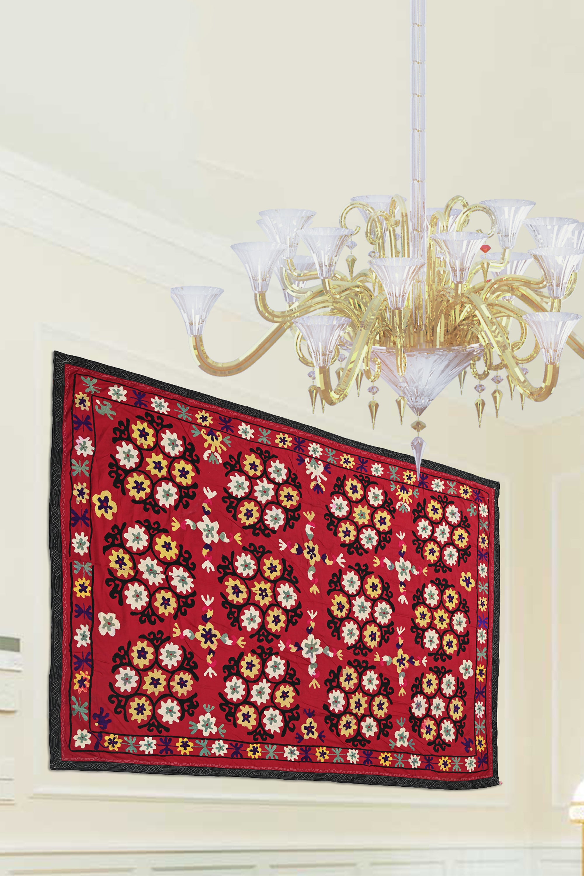 Floral Grid Suzani Vintage Textile Panel
