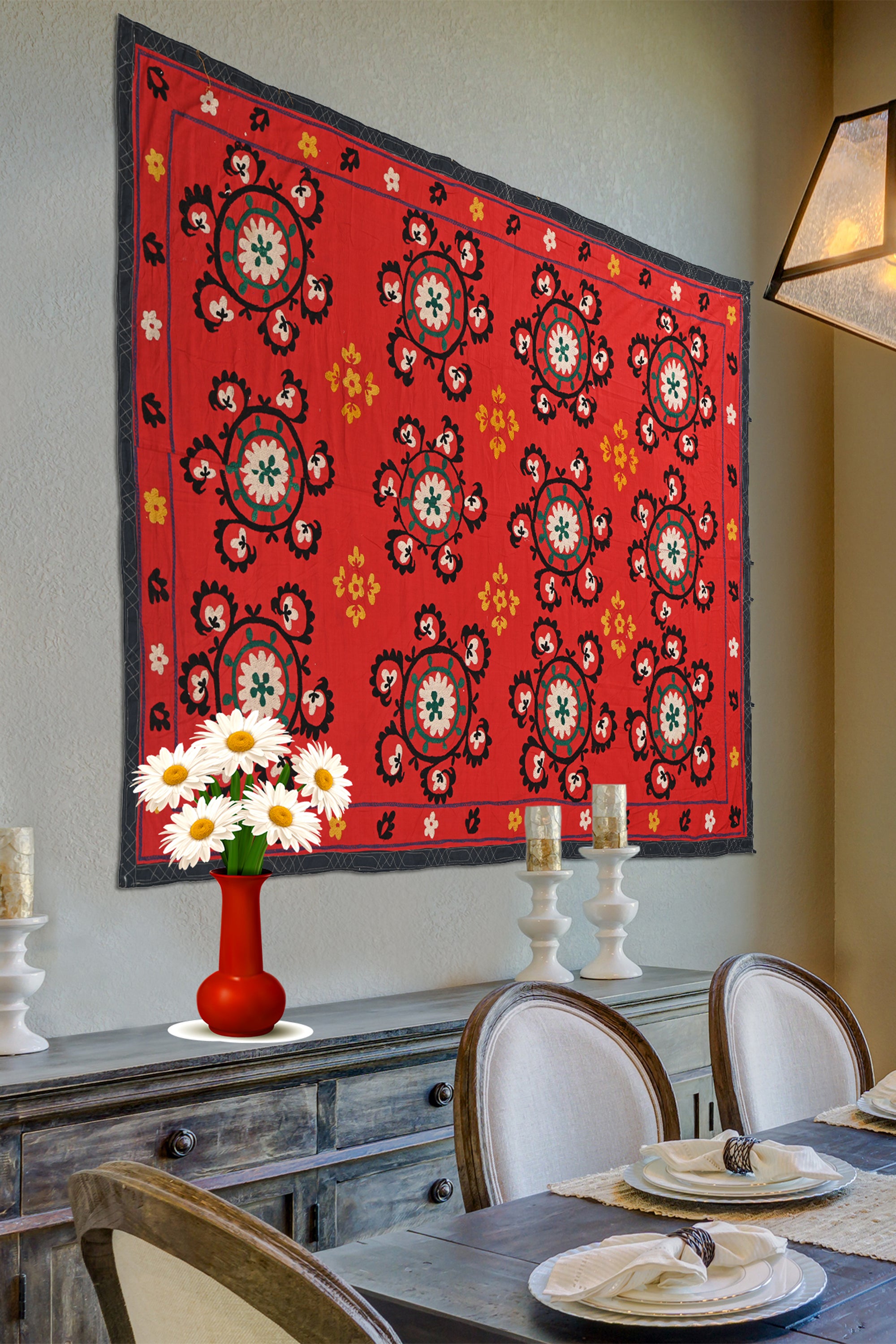 Red Floral Suzani Textile Wall Hanging Panel