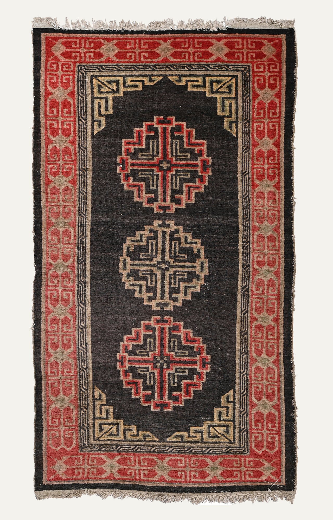 3 x 6 Ft Gracefully aged tibetan handknotted carpet with distressed finish