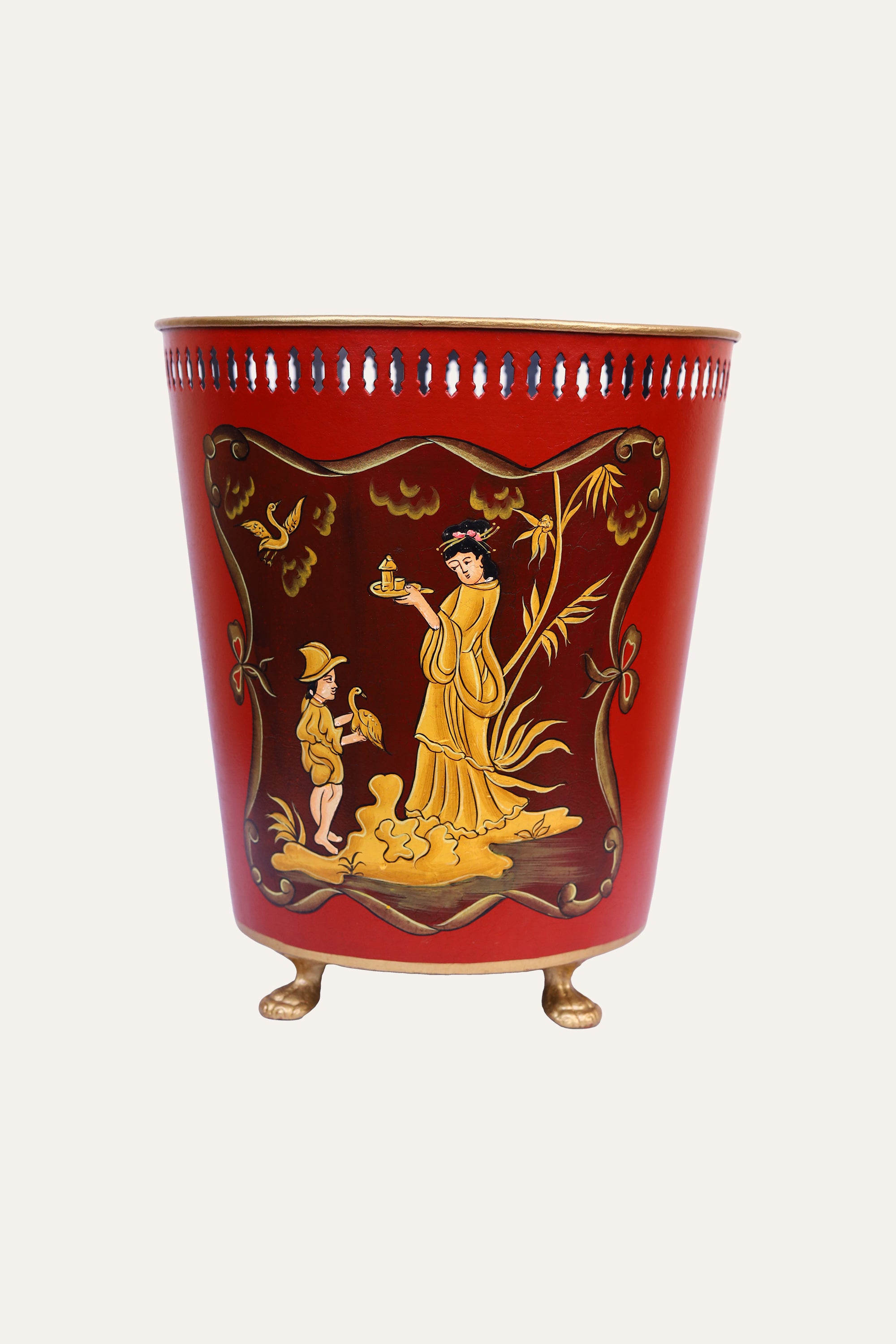 Hand-Painted Red Metal Waste Bin with Chinoiserie Figurative Art