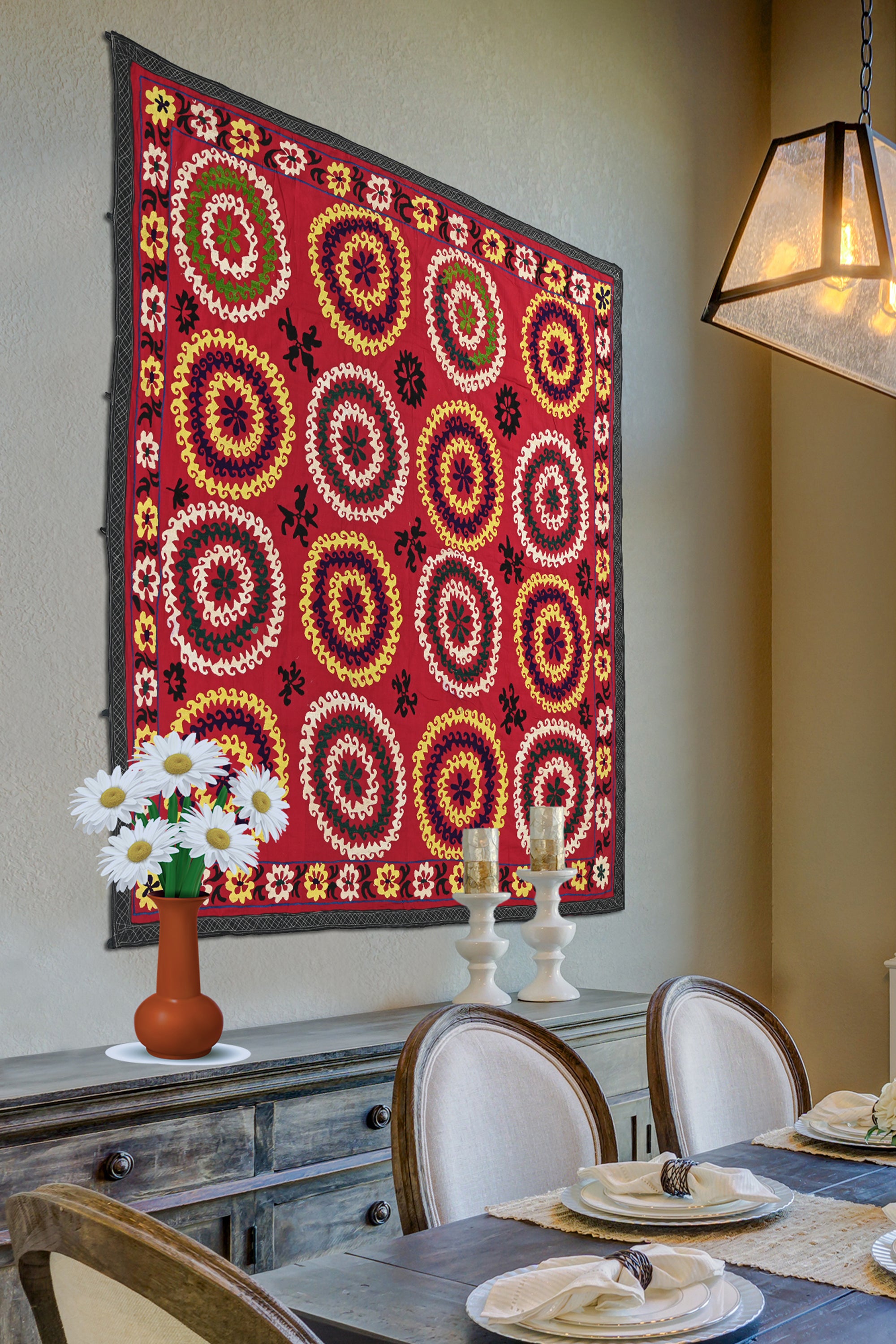 Red Spiral Suzani Tapestry Wall Art Hanging