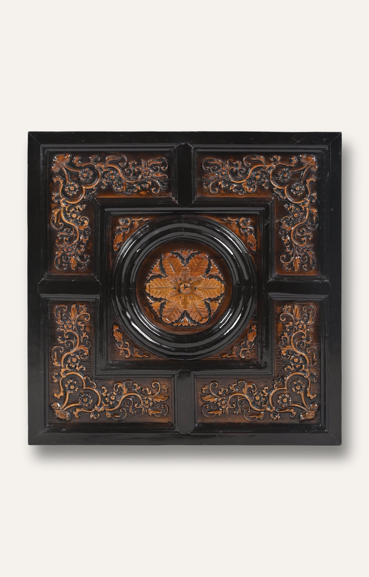 Square Black Wood Wall Panel with Floral Rosette Medallion