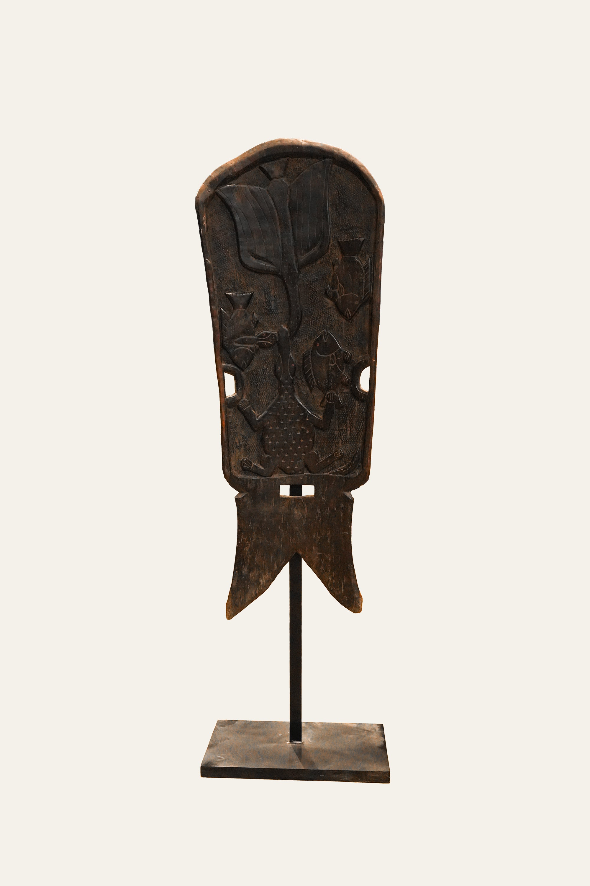 Tribal Carved Wooden Standing Decor on Metal Base