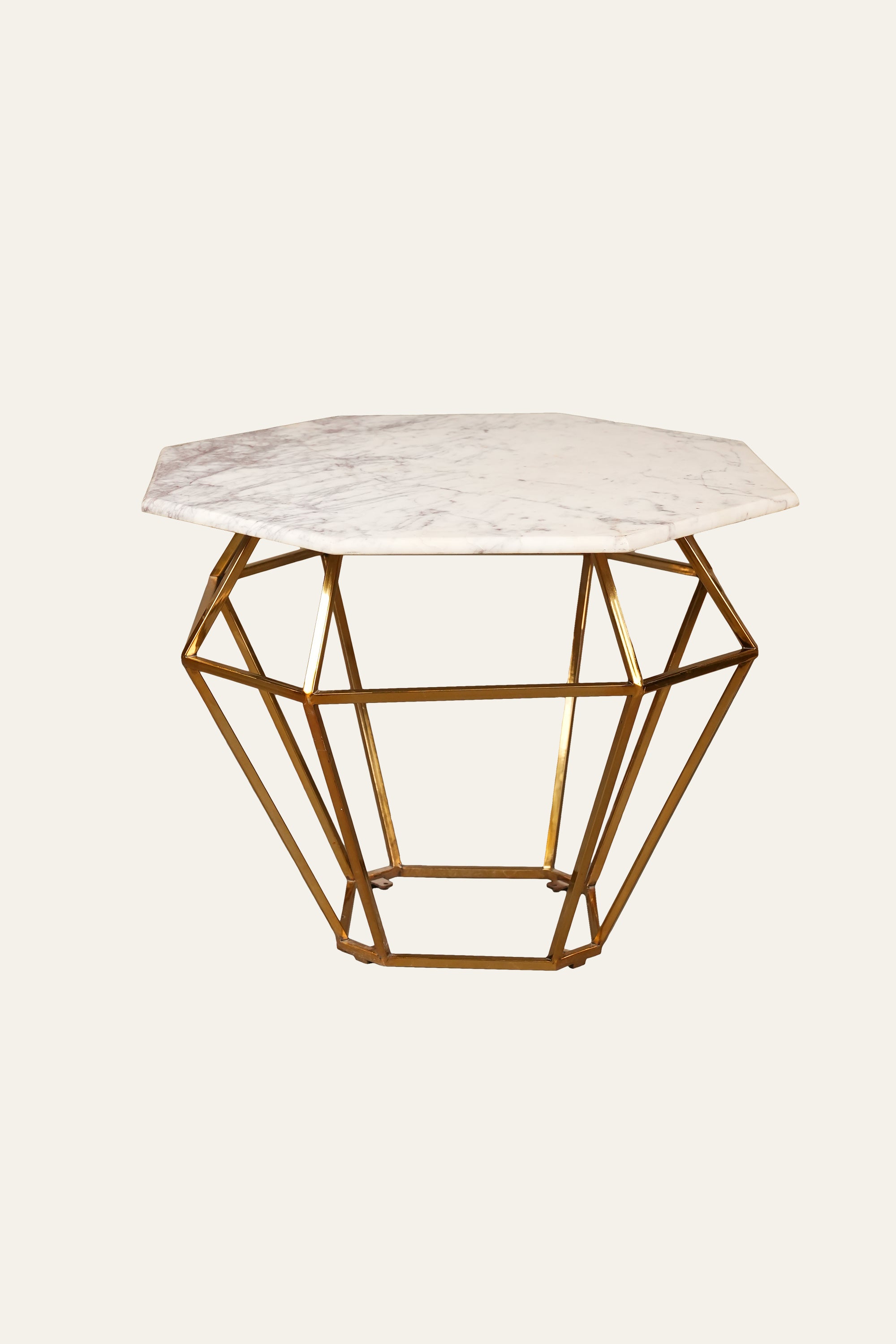 Hexagon Shaped Marble Coffee Table with Geometric Gold Metal Base
