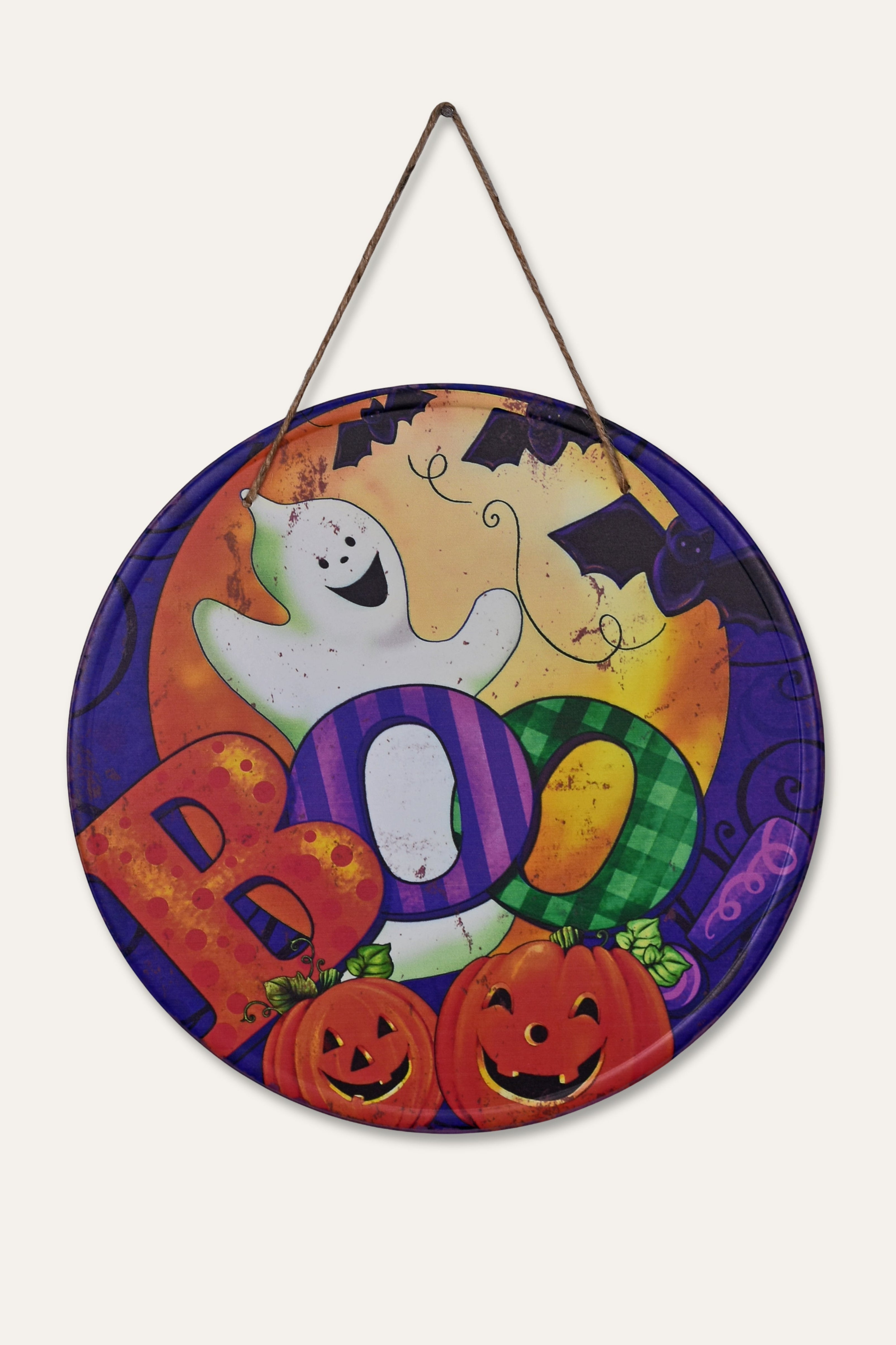 Halloween Boo Ghost Harlequin Round Metal Wall Sign