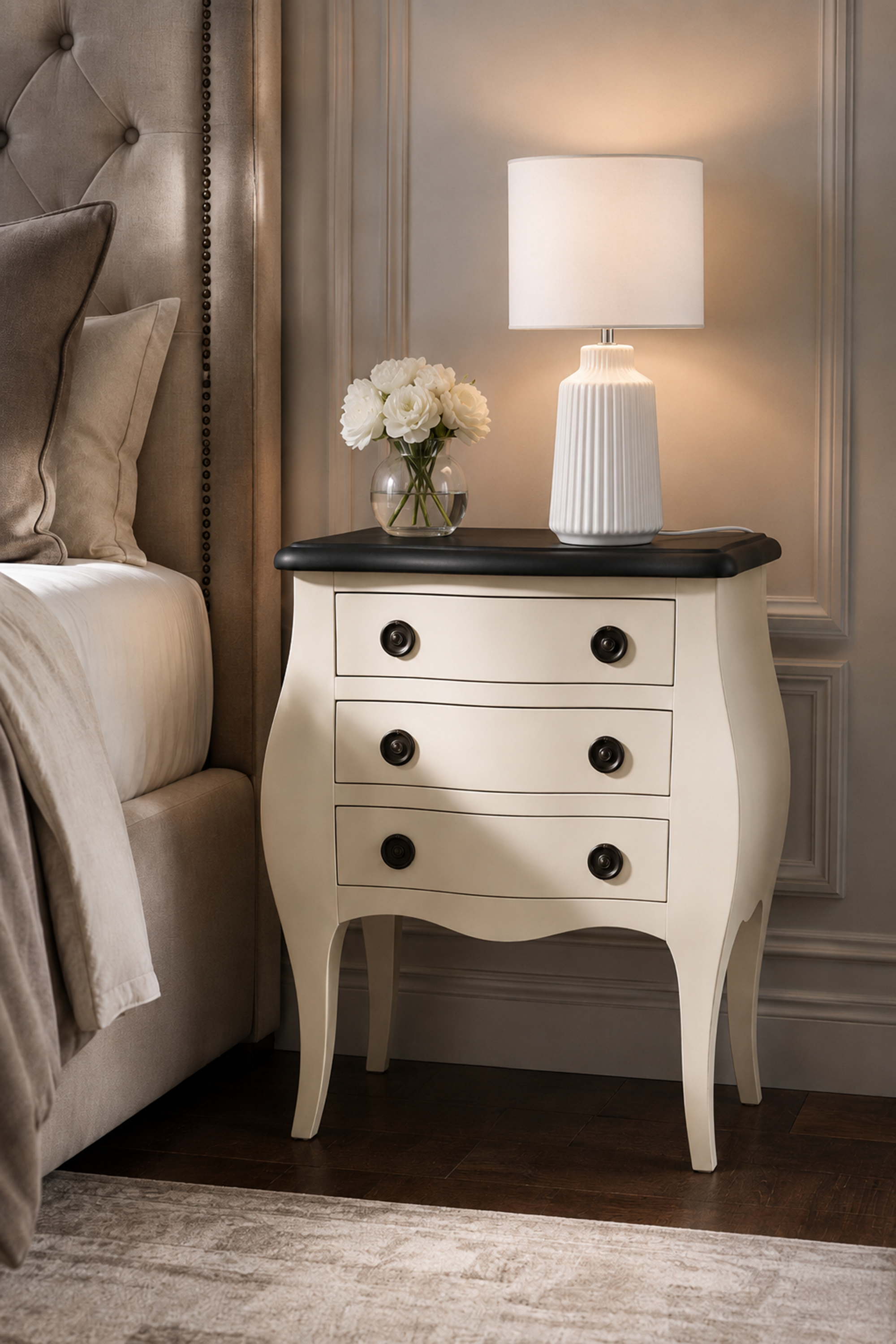 Dual Toned Bombe Style Bedside Table with Black Top