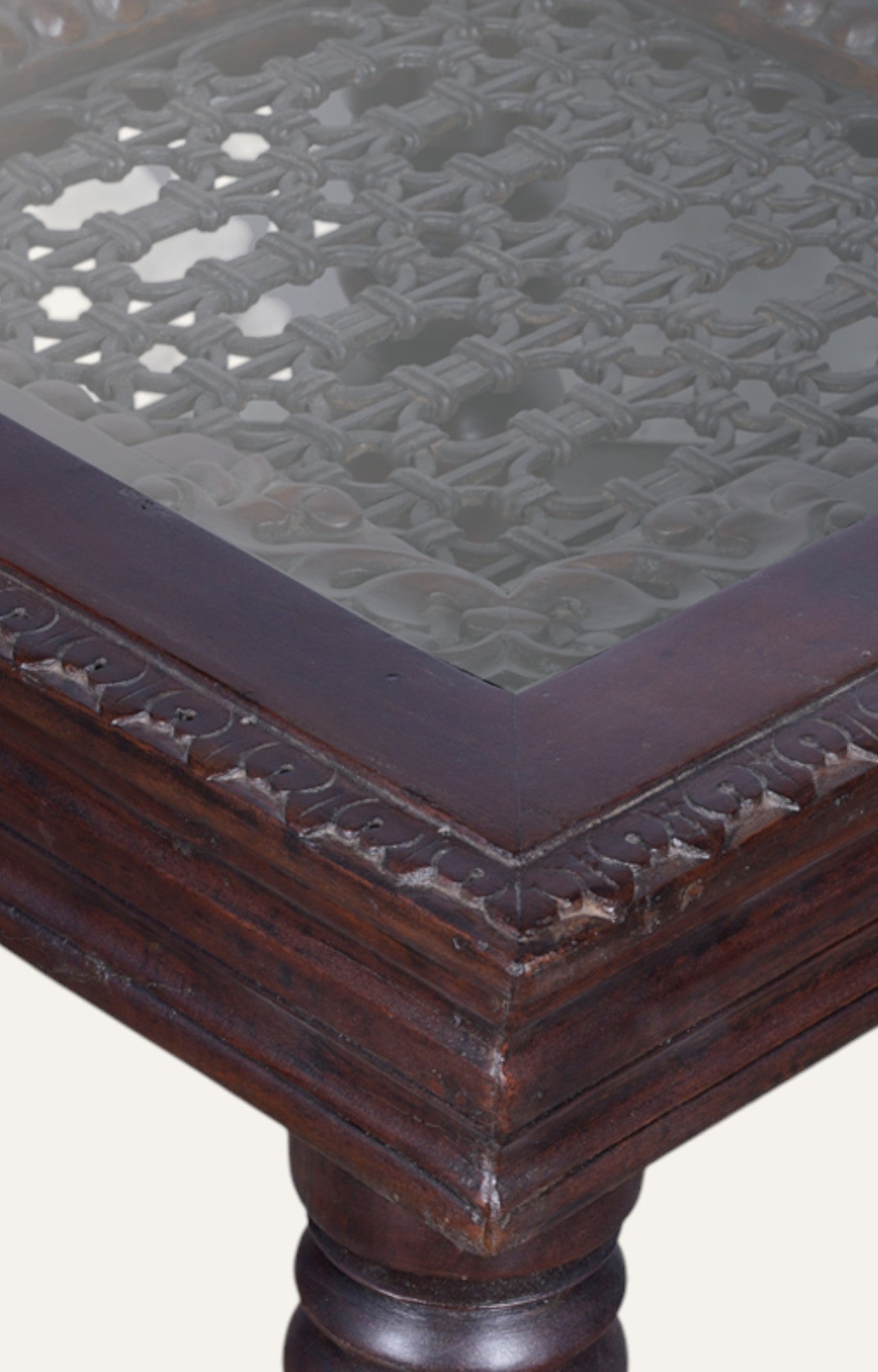 Carved Wooden Side Table with Glass Top