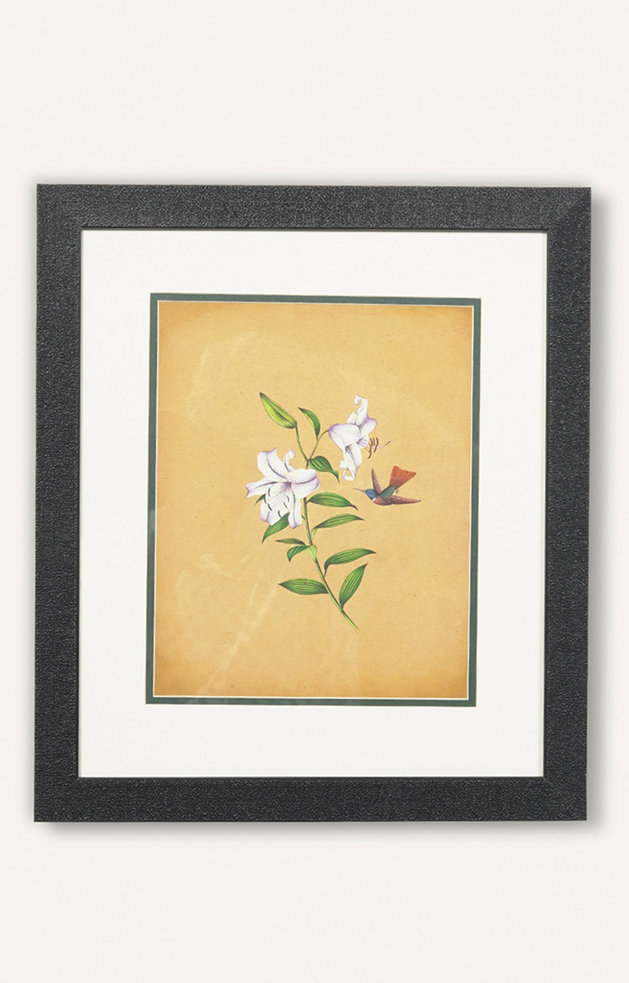 Vivid Framed Painting of a Hummingbird Perched on a Colorful Flower