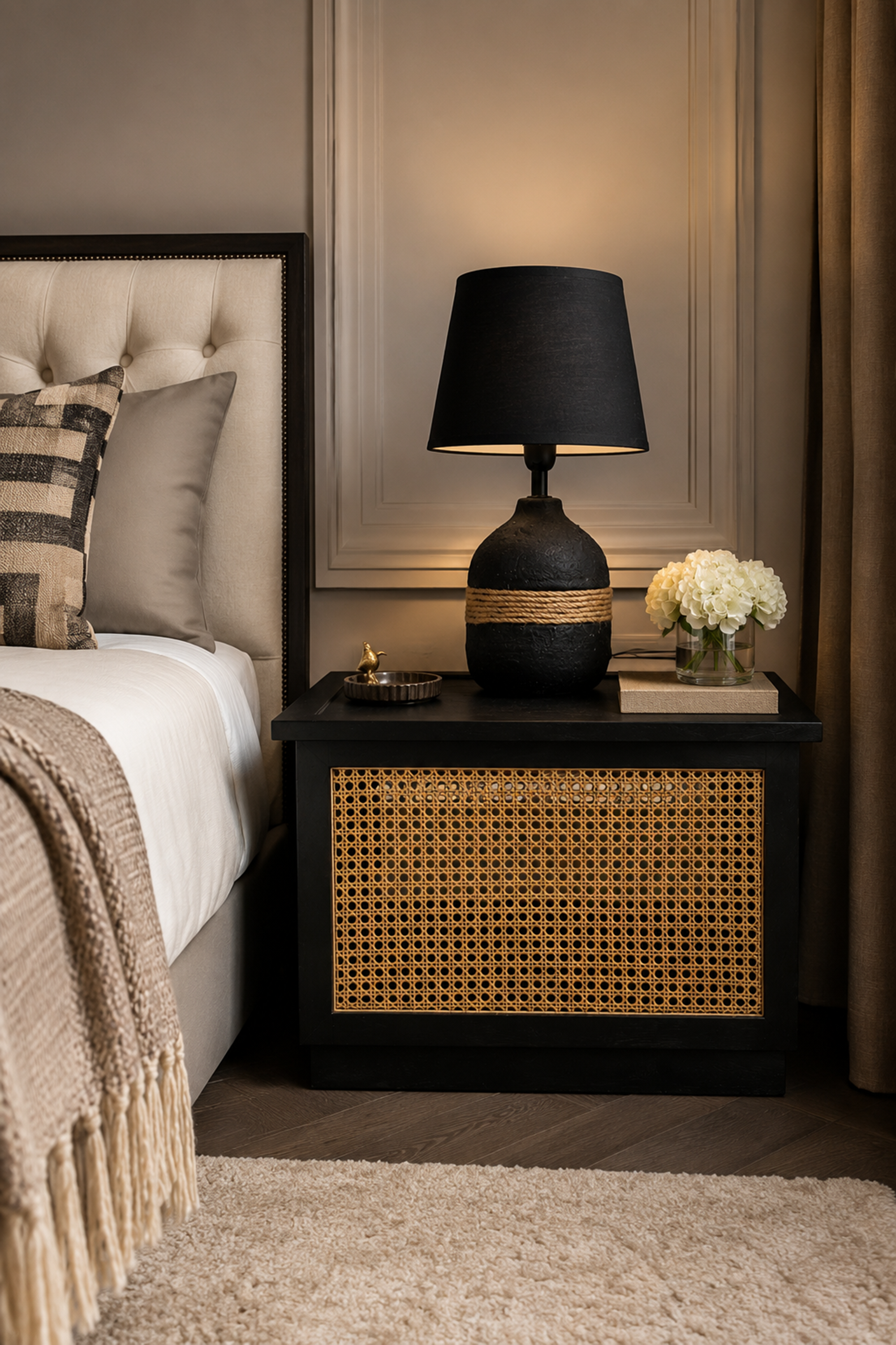 Modern Black Bedside Table with Cane Panels