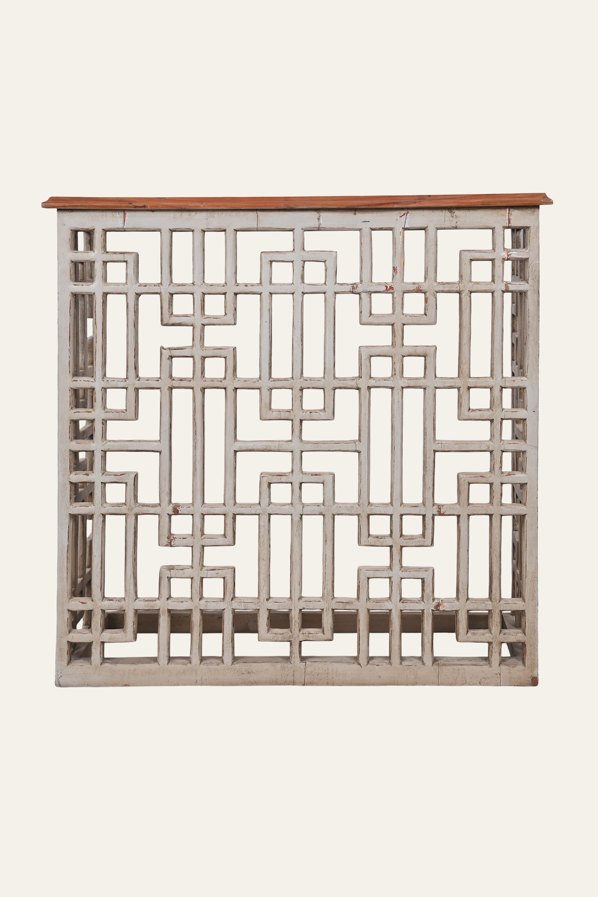 Japanese-Inspired Lattice Open Frame Console Table with Brown Top