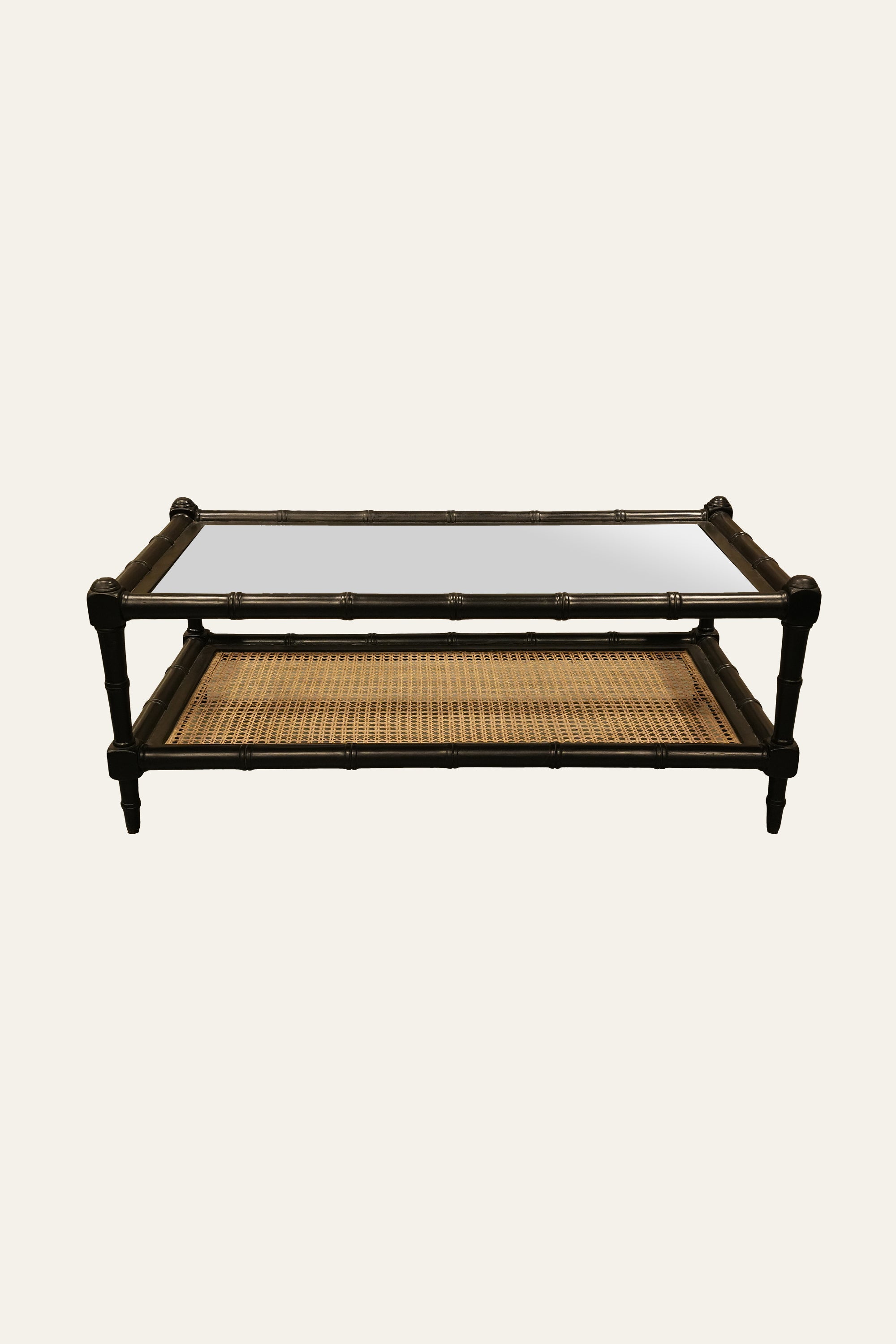 Black Rectangular Wooden Coffee Table with Glass Top & Lower Cane Shelf