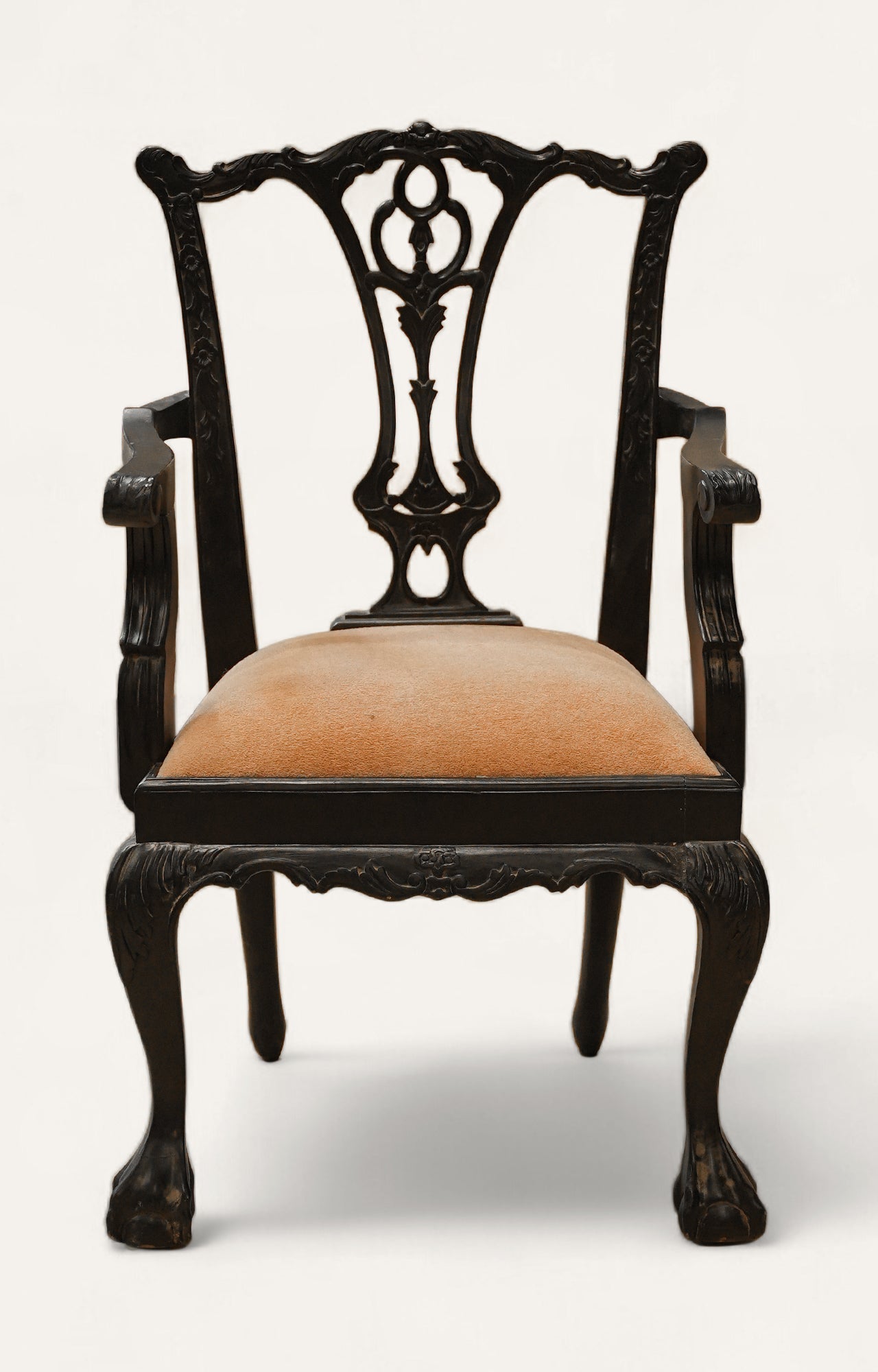 Hand-Carved Black Queen Anne Style Armchair