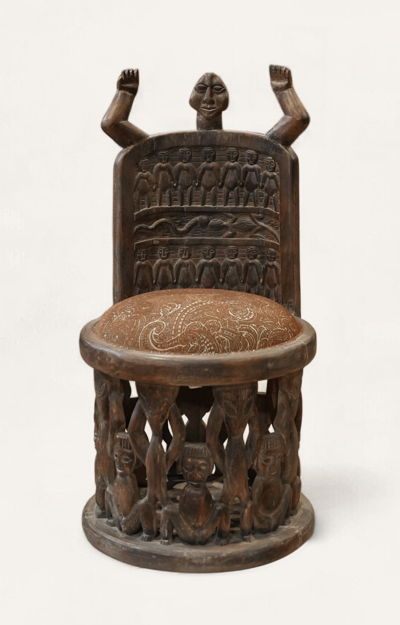 Tribal Carved Sculptural Chair with Round Upholstered Seat