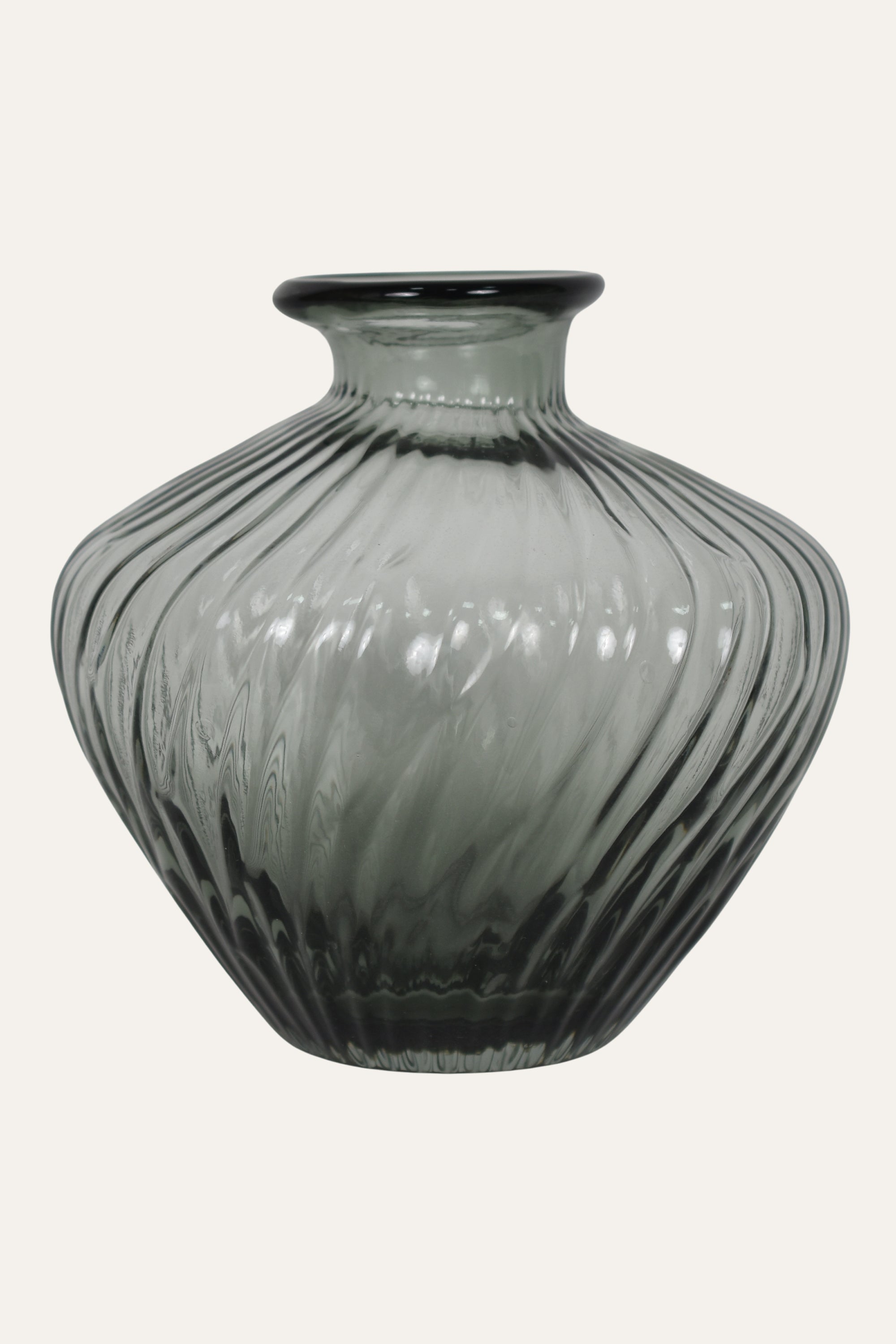 Hand Blown Colored Smoked Black-Grey Ribbed Glass Vase
