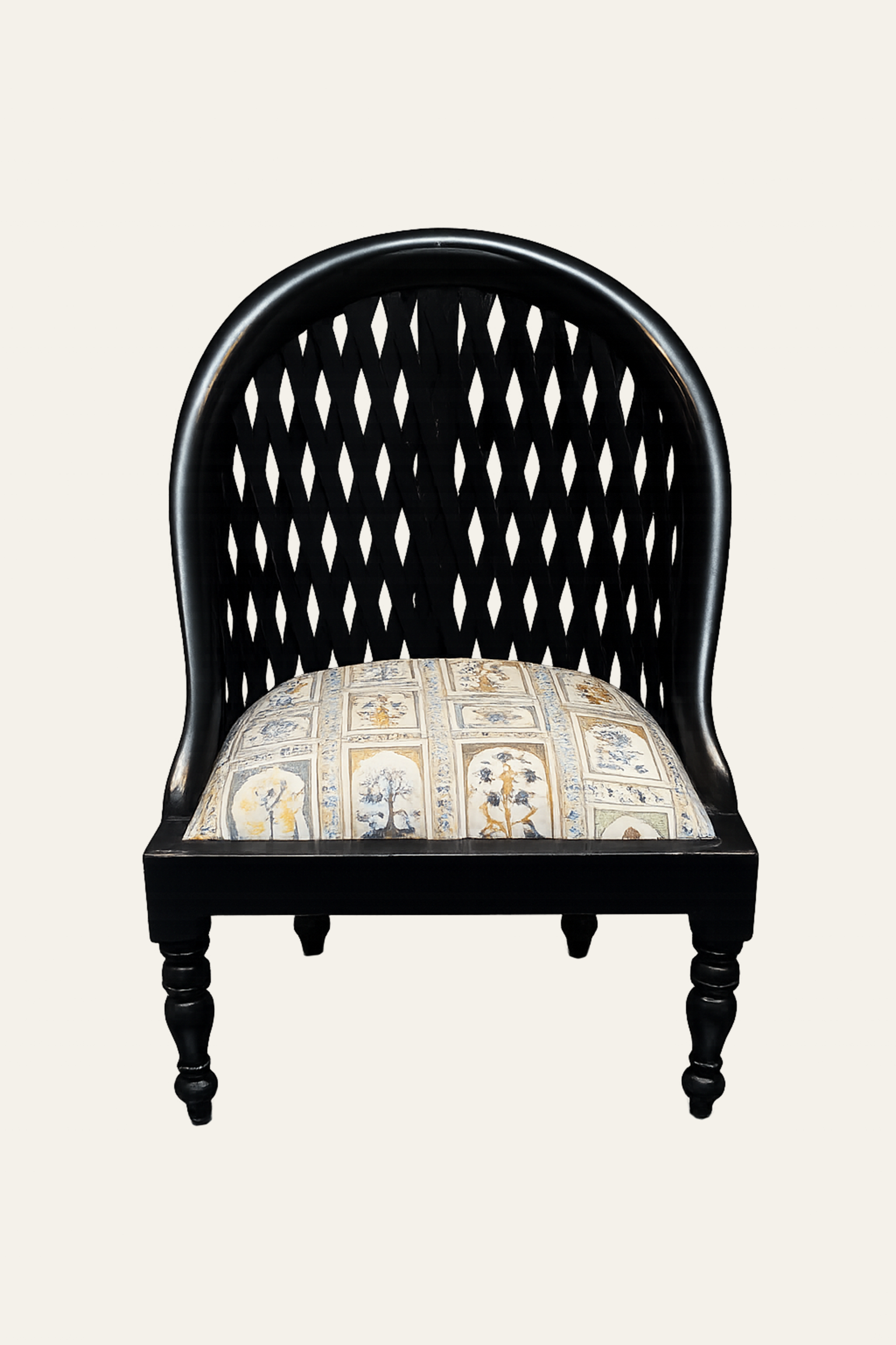 Black Lattice Back Accent Armchair with Floral Upholstery