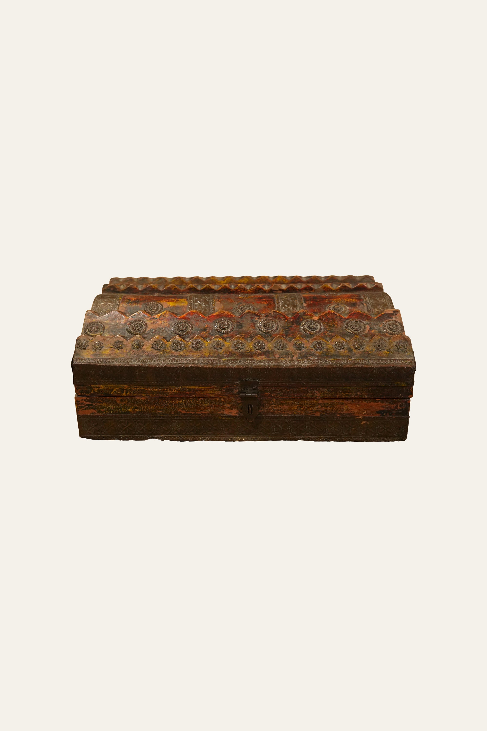 Vintage Style Wooden Storage Box with Embossed Metal Rosettes