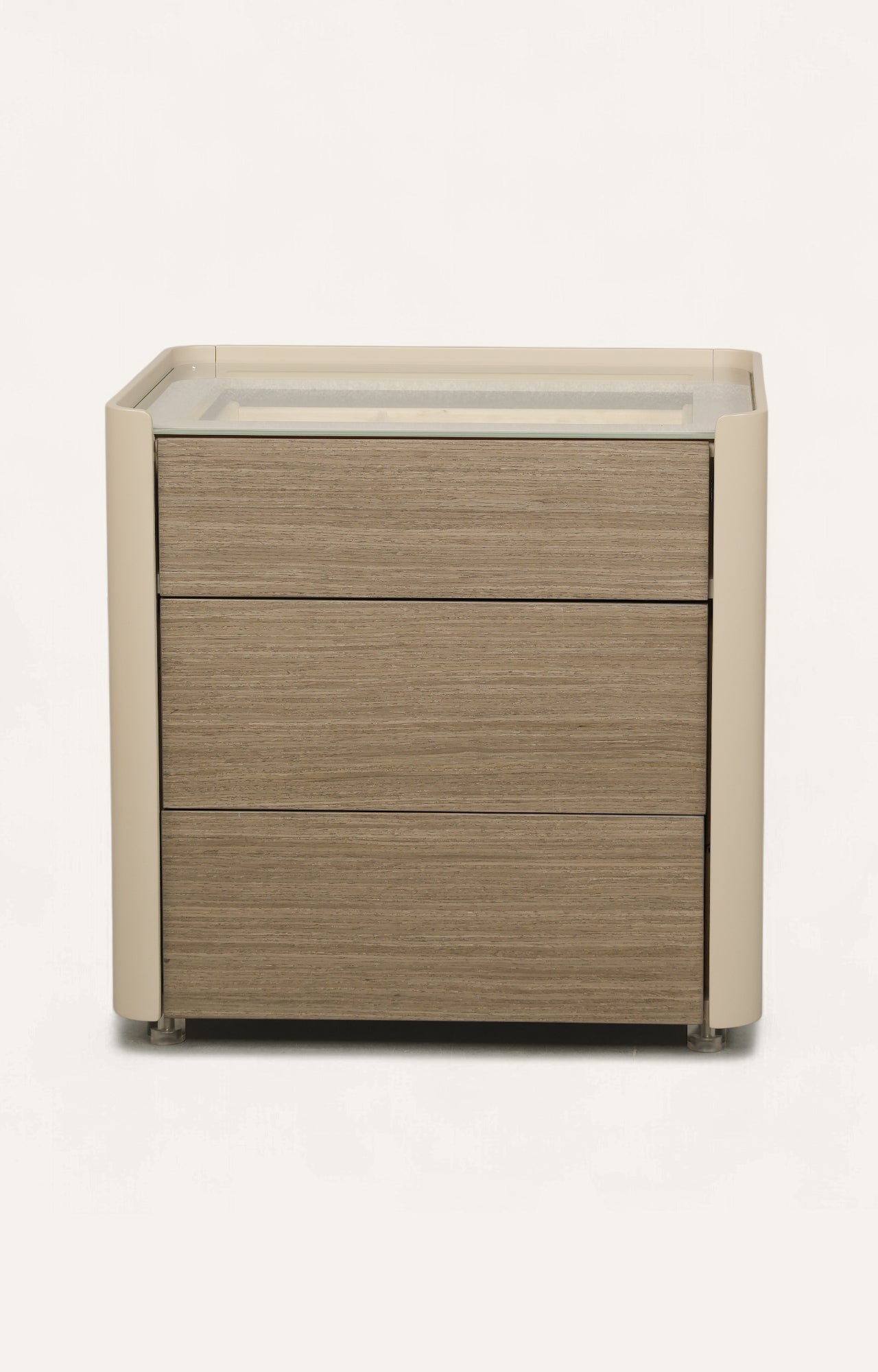 Modern Three-Drawer Nightstand with Glass Top and Lacquered Frame