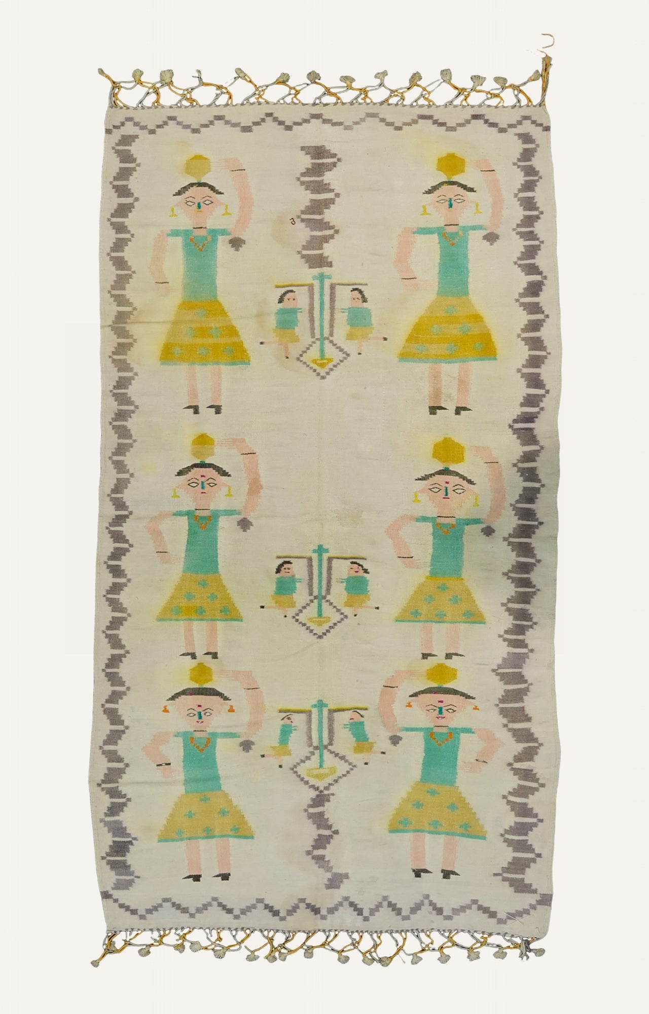 Folk Art Handwoven Cotton Rug with Tassels