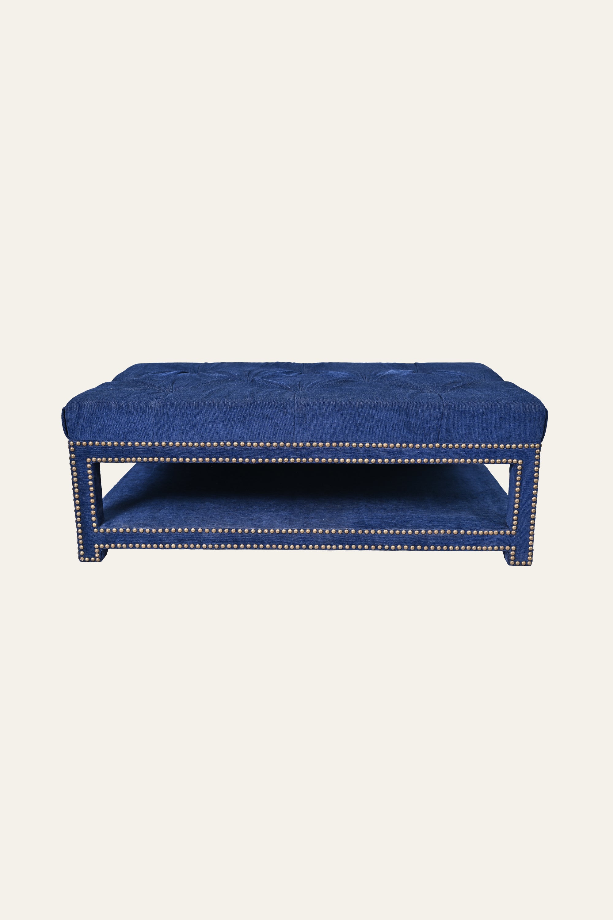 Navy Blue Tufted Coffee Table with Brass Nailhead Trim