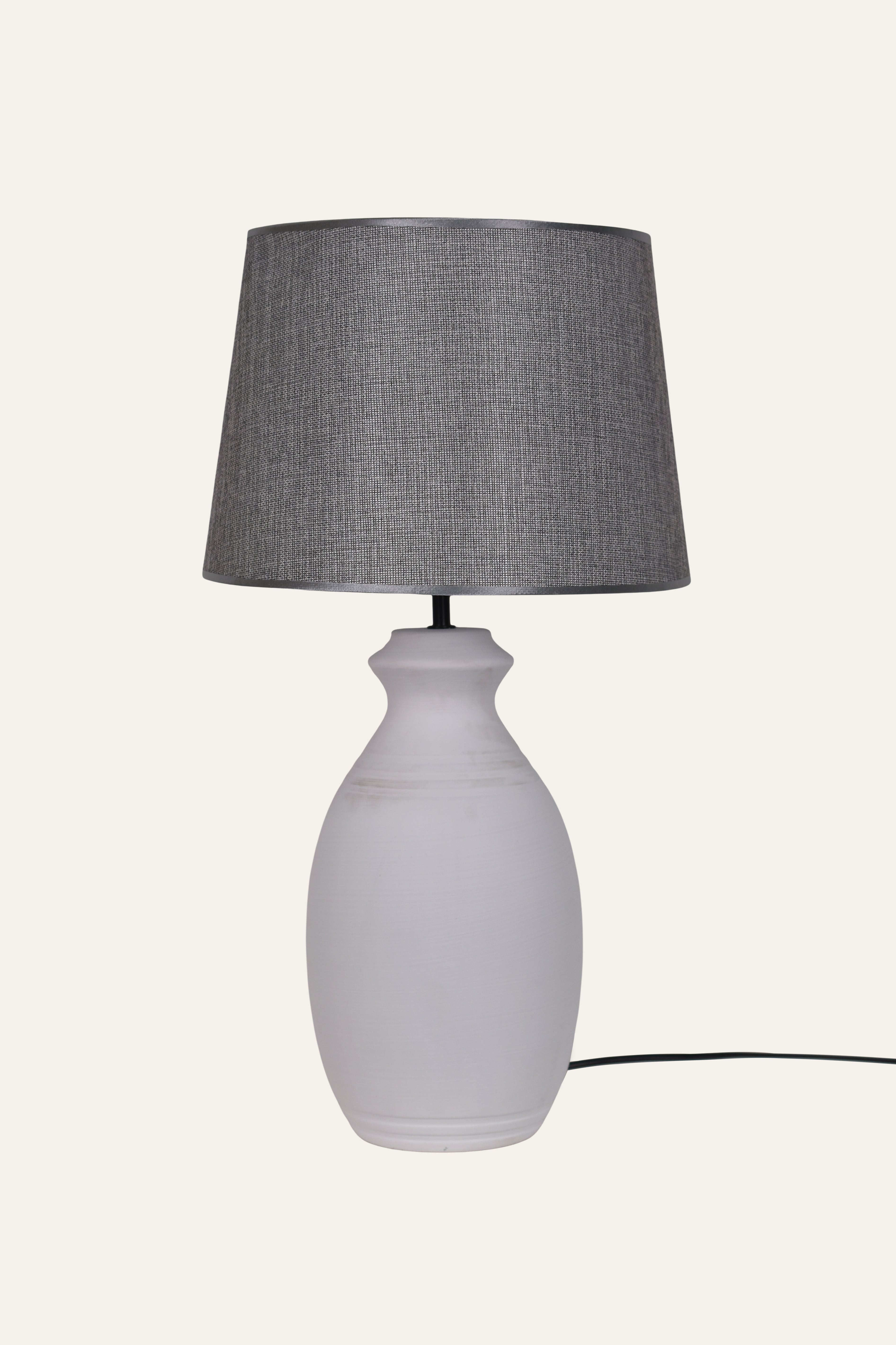 Modern White Ceramic Table Lamp with Grey Fabric Shade