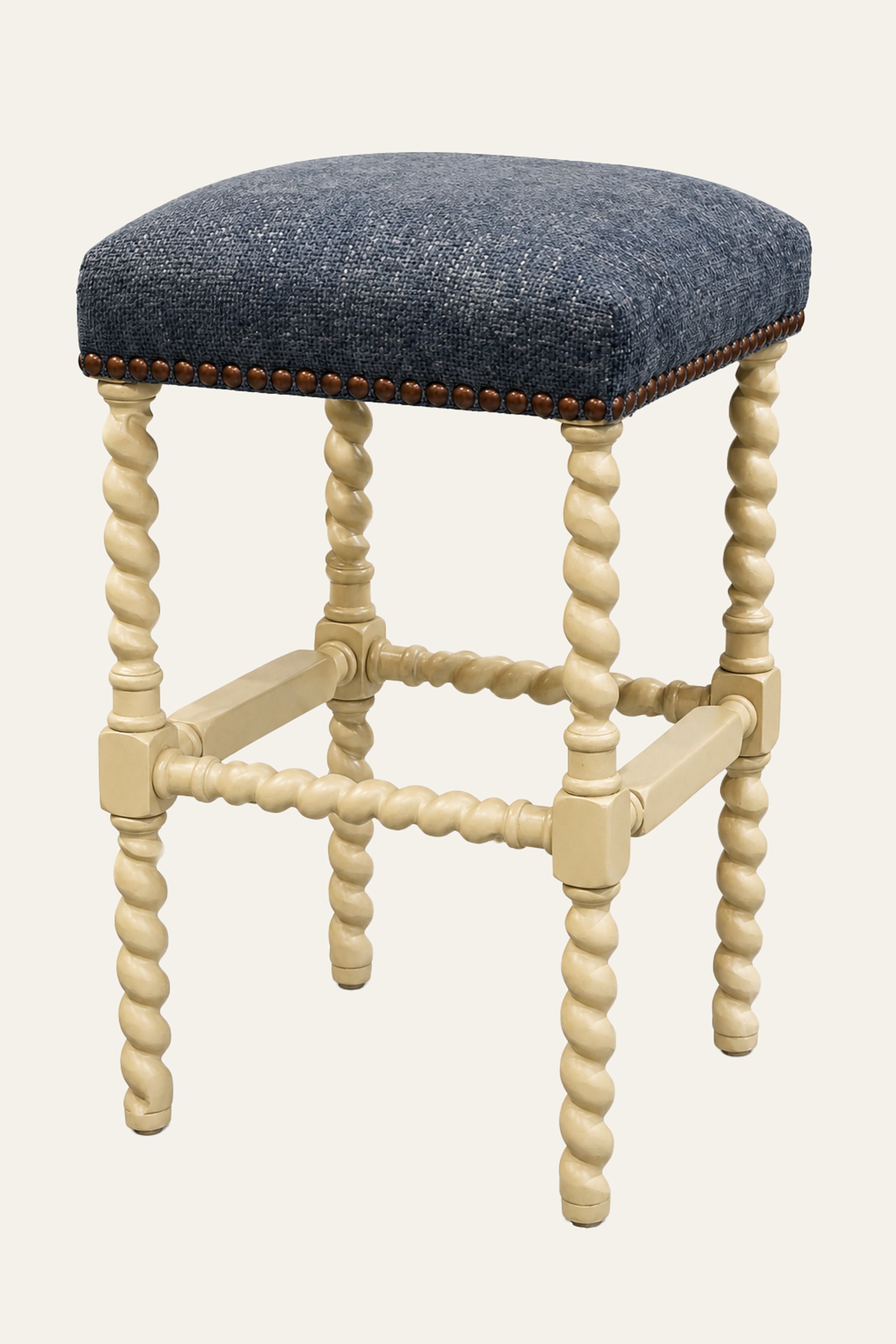 Barley Twist Wooden Stool with Textured Blue Upholstery