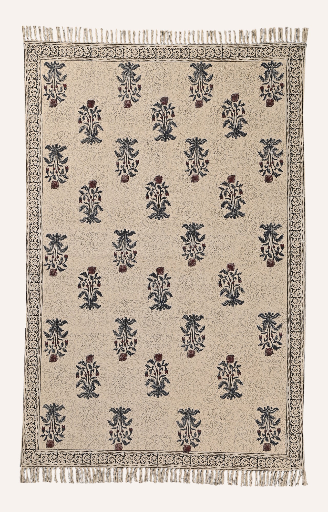 Handwoven Block Print Rug with Living Root Motif Design