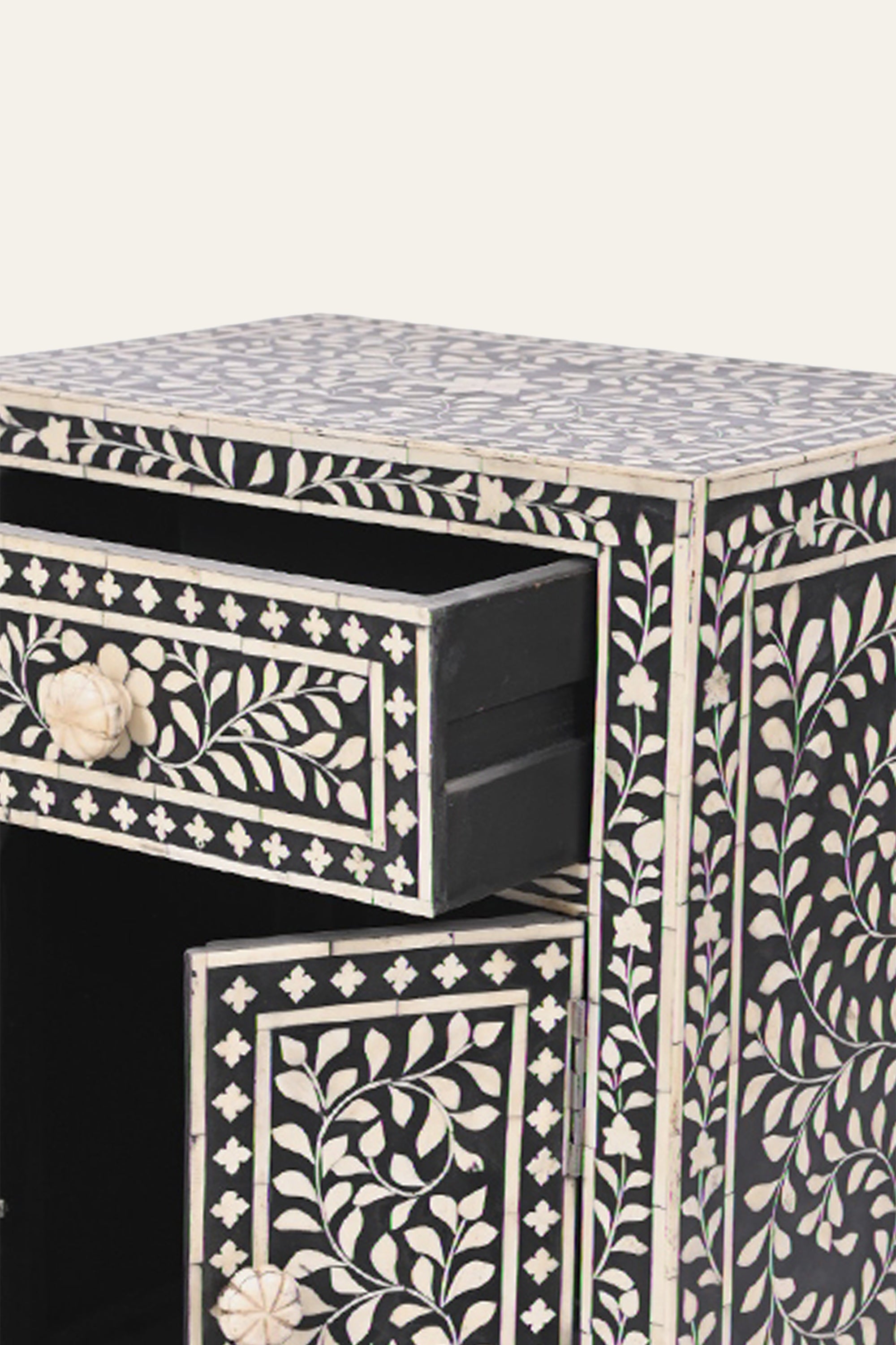 Black Bone Inlay Floral 1-Door Bedside Table with Storage Drawer