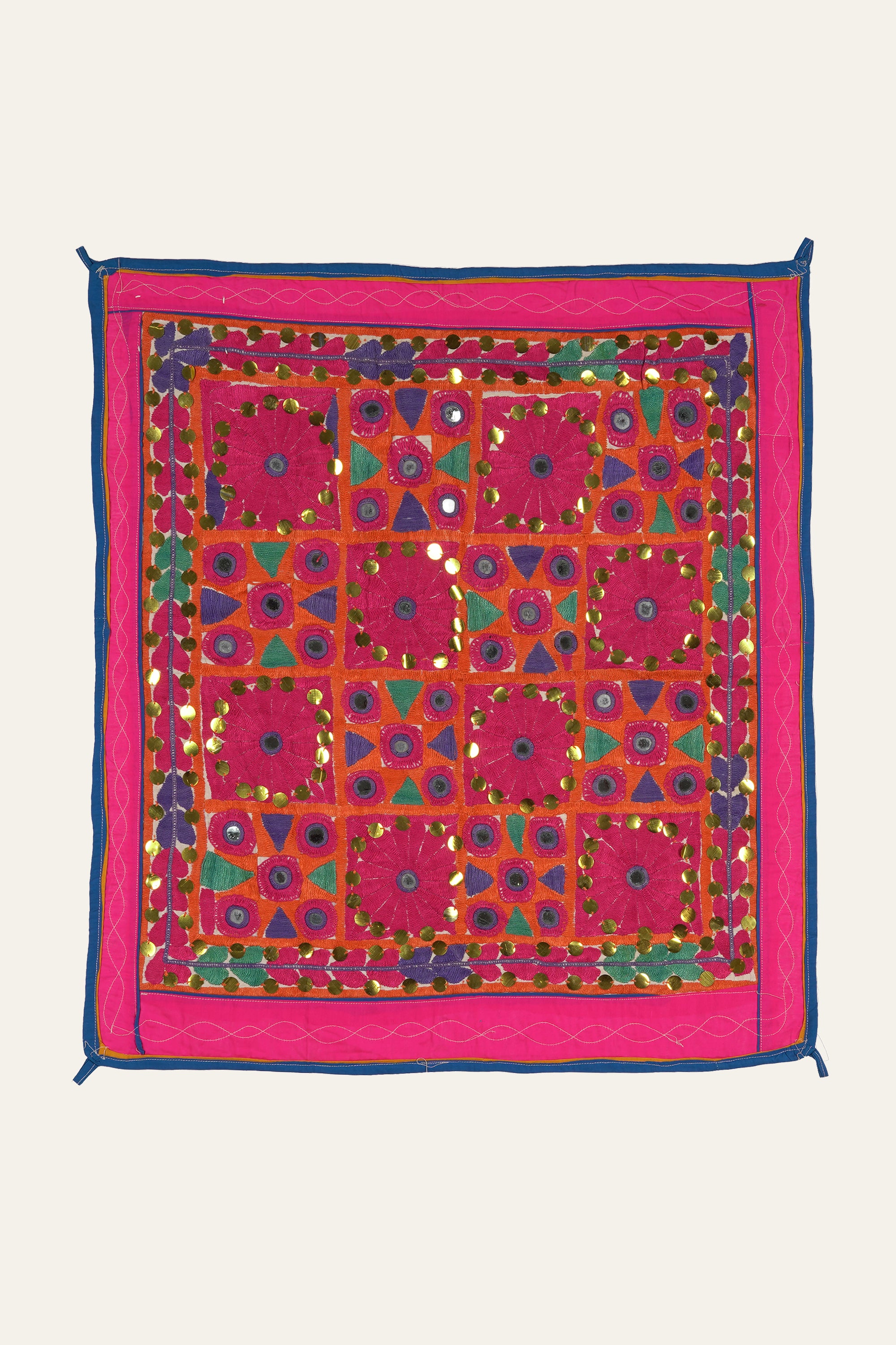 Magenta Mirror Work Gujarati Textile Wall Tapestry