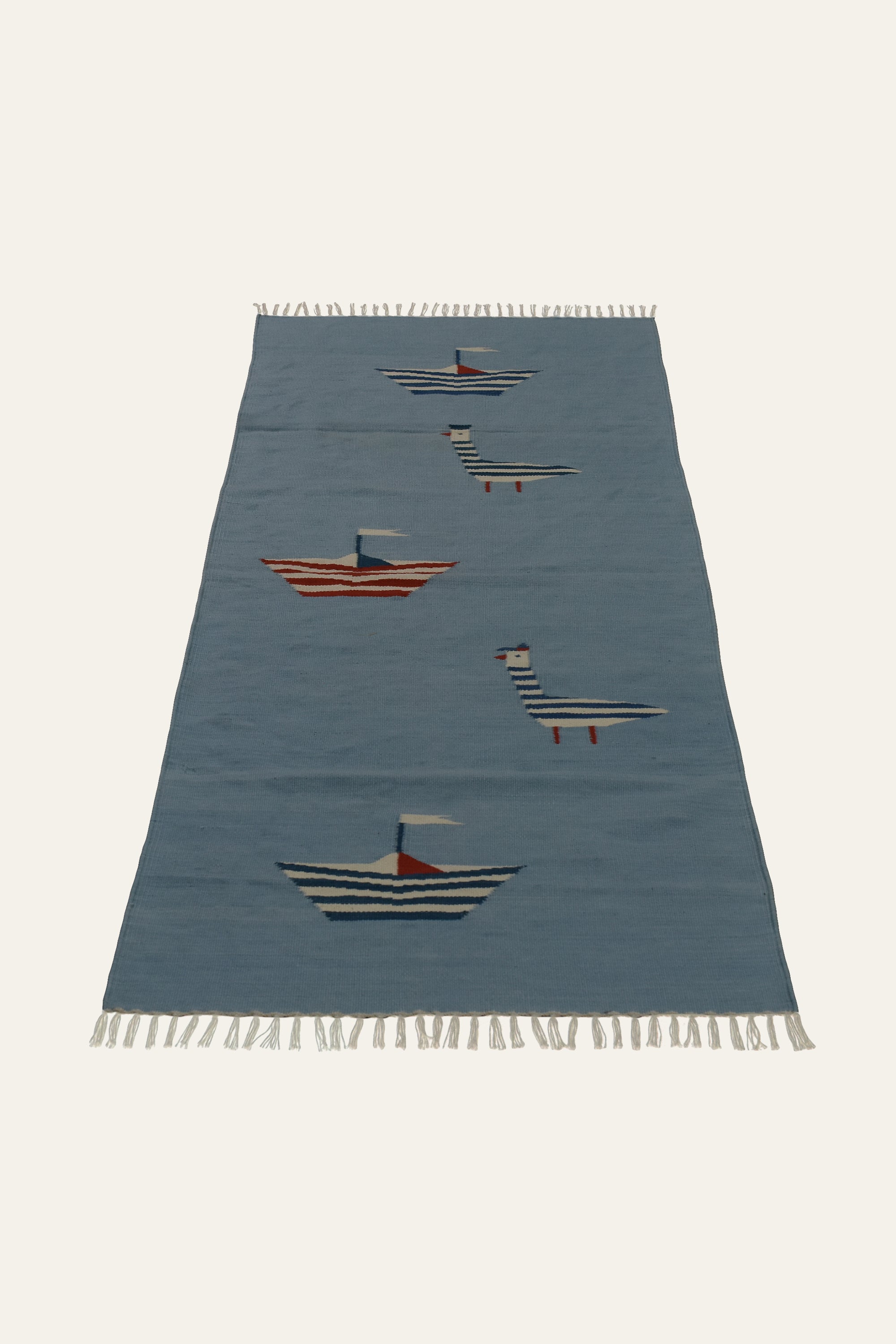 Blue Saliboat & Bird Motif Cotton Yoga Mat for Kids